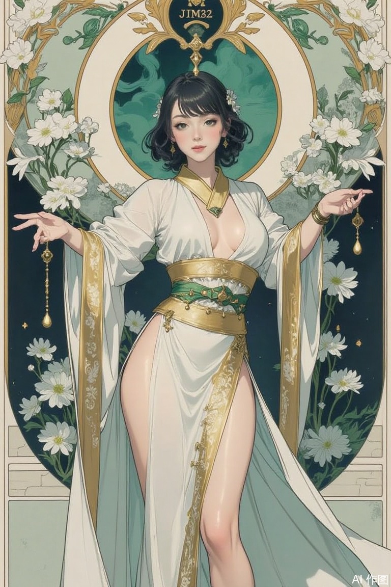 The image is a digital illustration of a woman in a traditional Japanese outfit
She is standing in front of a green background with a gold frame around her
The woman is wearing a long, flowing white dress with gold accents and a green belt
She has dark hair styled in loose curls and is holding a staff in her right hand
The dress has a high slit on the side, revealing her legs
The frame is decorated with white flowers and leaves, and there is a gold emblem at the top that reads "JM32"
The overall style of the illustration is elegant and regal.