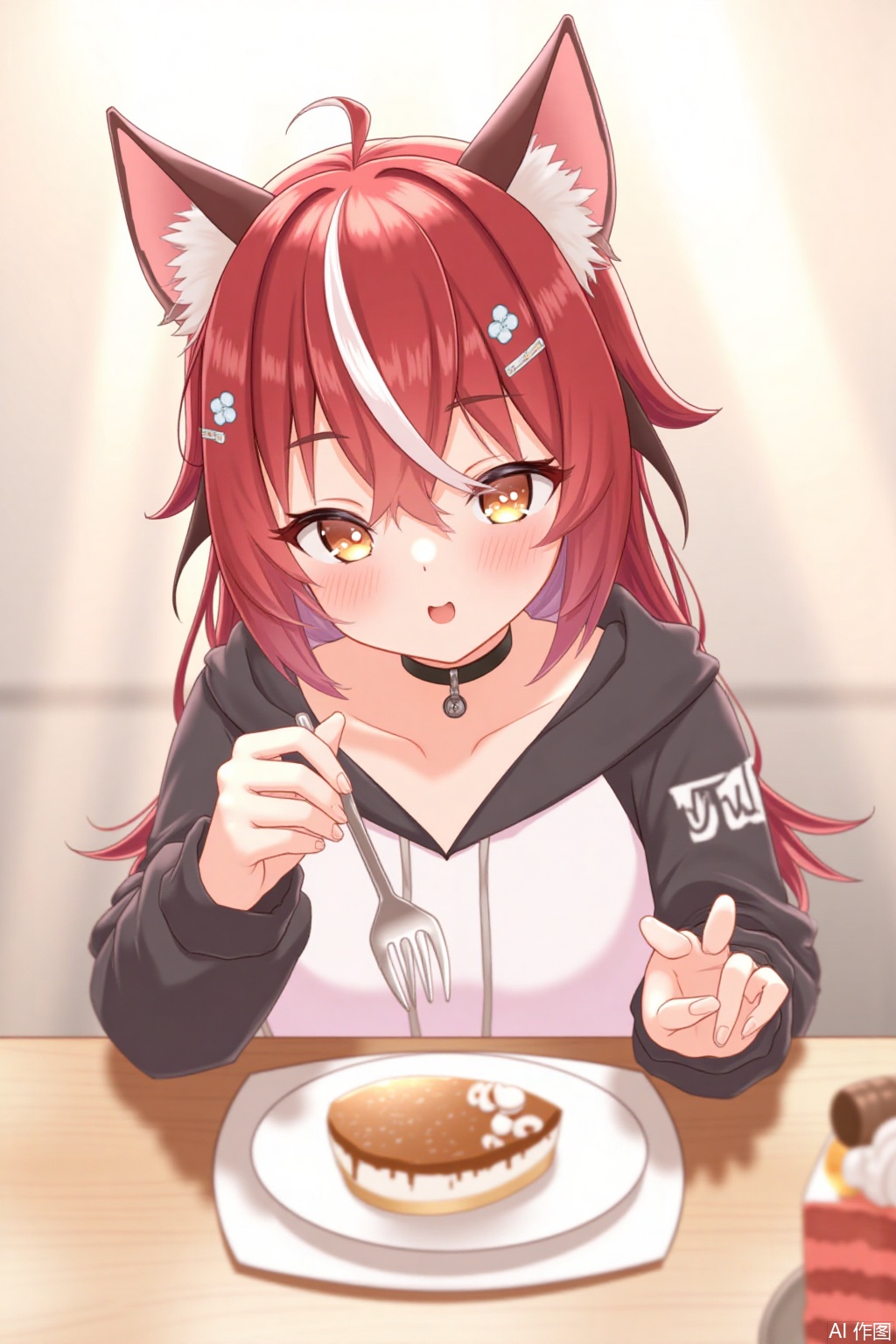 1girl animal_ear_fluff animal_ears black_choker black_hair black_hoodie blurry blurry_background blush cake chocolate_cake choker collarbone commentary english_commentary eyelashes feeding food fork hair_between_eyes hair_ornament holding holding_fork hololive hood hoodie izumi_sai light_rays long_hair long_sleeves looking_at_viewer multicolored_hair ookami_mio open_mouth orange_eyes pov_across_table redhead sitting sleeves_past_wrists smile solo streaked_hair sunlight symbol_commentary two-tone_hair two-tone_hoodie upper_body virtual_youtuber white_hoodie wolf_ears