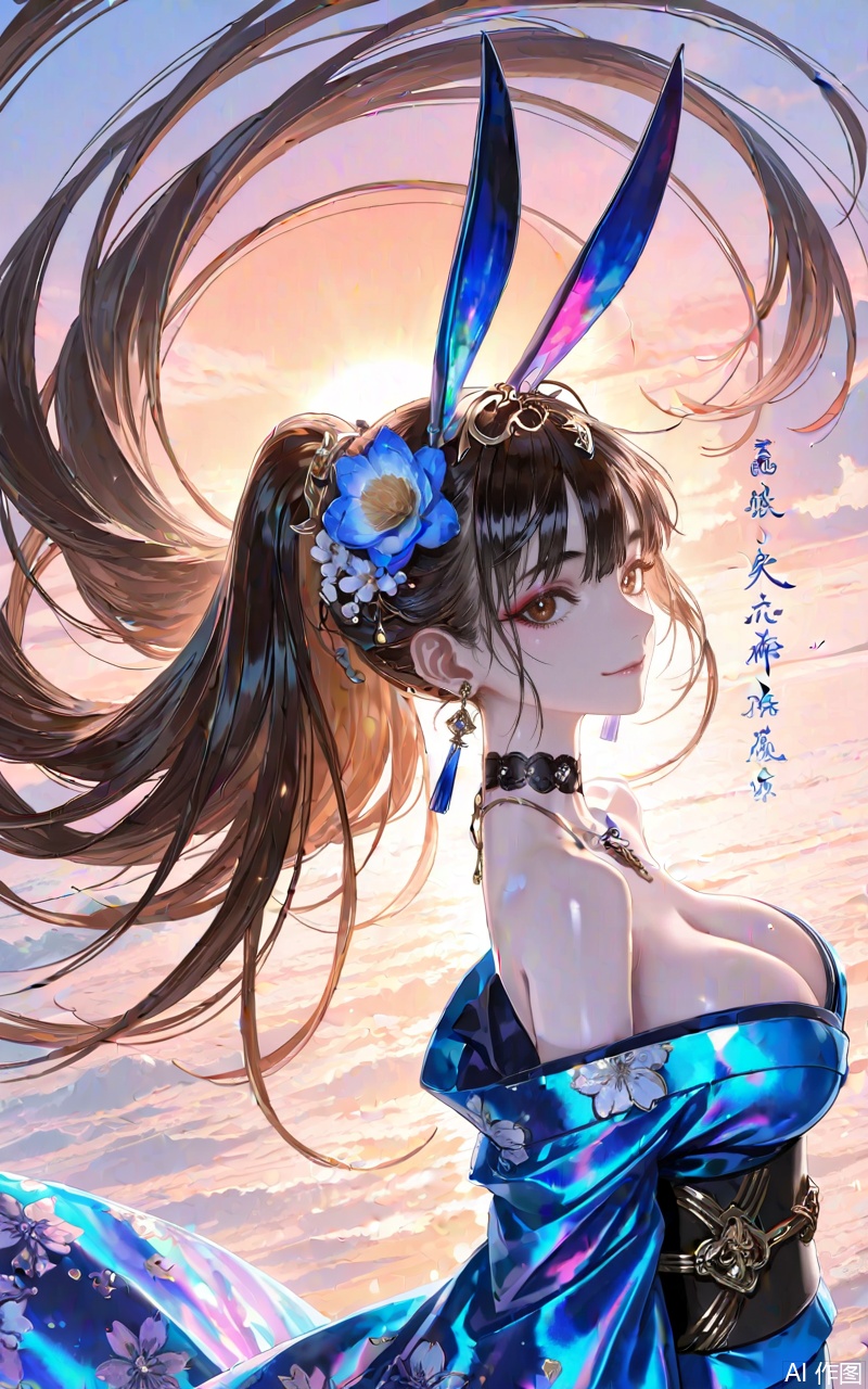 ,xiaowu,1girl,solo,hair ornament,long hair,looking at viewer,rabbit ear headwear,ponytail,brown hair,brown eyes,black hair,jewelry,earrings,
1girl,breasts,solo,japanese clothes,hair ornament,kimono,flower,hair flower,sash,blue kimono,large breasts,choker,looking at viewer,cleavage,bare shoulders,obi,off shoulder,earrings,smile,jewelry,floral print,closed mouth,makeup,from side,long sleeves, 
close-up details,outstanding style,adding a touch of dimension to your images without compromising details,whirls of vapor,iridescent textures,(Anime:1.1),ethereal ambiance,delicate details,magical high-concept,32K UHD,sharp focus,best-quality,masterpiece,golden hour,unconventional supreme masterpiece,masterful details,temperate atmosphere,with a high-end texture,in the style of fashion photography,photography,cover,dynamic angle,dynamic posture,(artist:quasarcake:0.8),extreme aesthetic,(wlop:0.6),(honjou raita, lack, rella:0.5, wanke),masterpiece,best quality,good quality,very aesthetic,absurdres,visual impact,a shot with tension,ultra-high resolution,32K UHD,sharp focus,best-quality,masterpiece,emotionalization,unconventional supreme masterpiece,masterful details,temperate atmosphere,with a high-end texture,in the style of fashion photography,(visual impact:1.2),giving the poster a dynamic and visually striking appearance,impactful picture,official art,colorful,splash of color,movie perspective,masterpiece,best quality,amazing quality,very aesthetic,absurdres,best quality,newest,