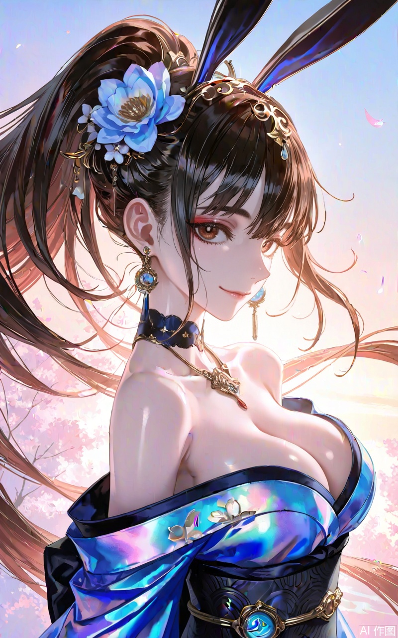 ,xiaowu,1girl,solo,hair ornament,long hair,looking at viewer,rabbit ear headwear,ponytail,brown hair,brown eyes,black hair,jewelry,earrings,
1girl,breasts,solo,japanese clothes,hair ornament,kimono,flower,hair flower,sash,blue kimono,large breasts,choker,looking at viewer,cleavage,bare shoulders,obi,off shoulder,earrings,smile,jewelry,floral print,closed mouth,makeup,from side,long sleeves, 
close-up details,outstanding style,adding a touch of dimension to your images without compromising details,whirls of vapor,iridescent textures,(Anime:1.1),ethereal ambiance,delicate details,magical high-concept,32K UHD,sharp focus,best-quality,masterpiece,golden hour,unconventional supreme masterpiece,masterful details,temperate atmosphere,with a high-end texture,in the style of fashion photography,photography,cover,dynamic angle,dynamic posture,(artist:quasarcake:0.8),extreme aesthetic,(wlop:0.6),(honjou raita, lack, rella:0.5, wanke),masterpiece,best quality,good quality,very aesthetic,absurdres,visual impact,a shot with tension,ultra-high resolution,32K UHD,sharp focus,best-quality,masterpiece,emotionalization,unconventional supreme masterpiece,masterful details,temperate atmosphere,with a high-end texture,in the style of fashion photography,(visual impact:1.2),giving the poster a dynamic and visually striking appearance,impactful picture,official art,colorful,splash of color,movie perspective,masterpiece,best quality,amazing quality,very aesthetic,absurdres,best quality,newest,