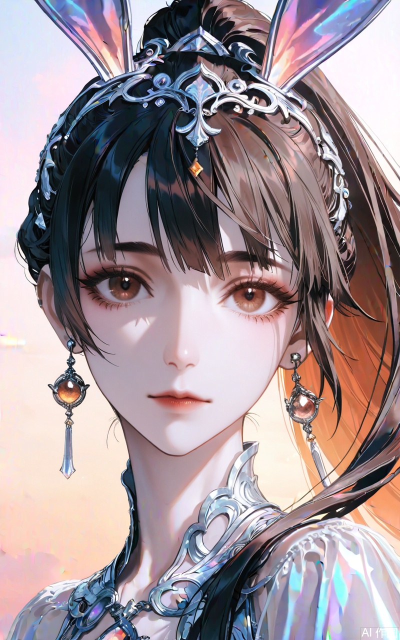 ,xiaowu,1girl,solo,hair ornament,long hair,looking at viewer,rabbit ear headwear,ponytail,brown hair,brown eyes,black hair,jewelry,earrings,portrait,close-up details,outstanding style,adding a touch of dimension to your images without compromising details,whirls of vapor,iridescent textures,(Anime:1.1),ethereal ambiance,delicate details,magical high-concept,32K UHD,sharp focus,best-quality,masterpiece,golden hour,unconventional supreme masterpiece,masterful details,temperate atmosphere,with a high-end texture,in the style of fashion photography,photography,cover,dynamic angle,dynamic posture,(artist:quasarcake:0.8),extreme aesthetic,(wlop:0.6),(honjou raita, lack, rella:0.5, wanke),masterpiece,best quality,good quality,very aesthetic,absurdres,visual impact,a shot with tension,ultra-high resolution,32K UHD,sharp focus,best-quality,masterpiece,emotionalization,unconventional supreme masterpiece,masterful details,temperate atmosphere,with a high-end texture,in the style of fashion photography,(visual impact:1.2),giving the poster a dynamic and visually striking appearance,impactful picture,official art,colorful,splash of color,movie perspective,masterpiece,best quality,amazing quality,very aesthetic,absurdres,best quality,newest,