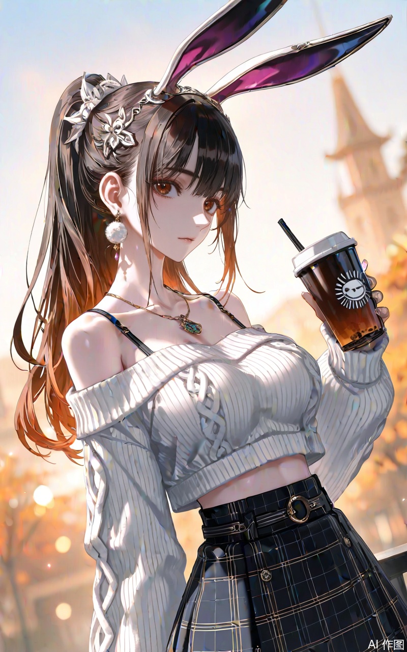 ,xiaowu,1girl,solo,hair ornament,long hair,looking at viewer,rabbit ear headwear,ponytail,brown hair,brown eyes,black hair,jewelry,earrings,
 1girl,solo,skirt,off shoulder,off-shoulder sweater,jewelry,white sweater,necklace,cup,bare shoulders,holding,sweater,disposable cup,breasts,black skirt,plaid skirt,collarbone,plaid,blurry background,crop top,holding cup,blurry,midriff,long sleeves,large breasts,
close-up details,outstanding style,adding a touch of dimension to your images without compromising details,whirls of vapor,iridescent textures,(Anime:1.1),ethereal ambiance,delicate details,magical high-concept,32K UHD,sharp focus,best-quality,masterpiece,golden hour,unconventional supreme masterpiece,masterful details,temperate atmosphere,with a high-end texture,in the style of fashion photography,photography,cover,dynamic angle,dynamic posture,(artist:quasarcake:0.8),extreme aesthetic,(wlop:0.6),(honjou raita, lack, rella:0.5, wanke),masterpiece,best quality,good quality,very aesthetic,absurdres,visual impact,a shot with tension,ultra-high resolution,32K UHD,sharp focus,best-quality,masterpiece,emotionalization,unconventional supreme masterpiece,masterful details,temperate atmosphere,with a high-end texture,in the style of fashion photography,(visual impact:1.2),giving the poster a dynamic and visually striking appearance,impactful picture,official art,colorful,splash of color,movie perspective,masterpiece,best quality,amazing quality,very aesthetic,absurdres,best quality,newest,