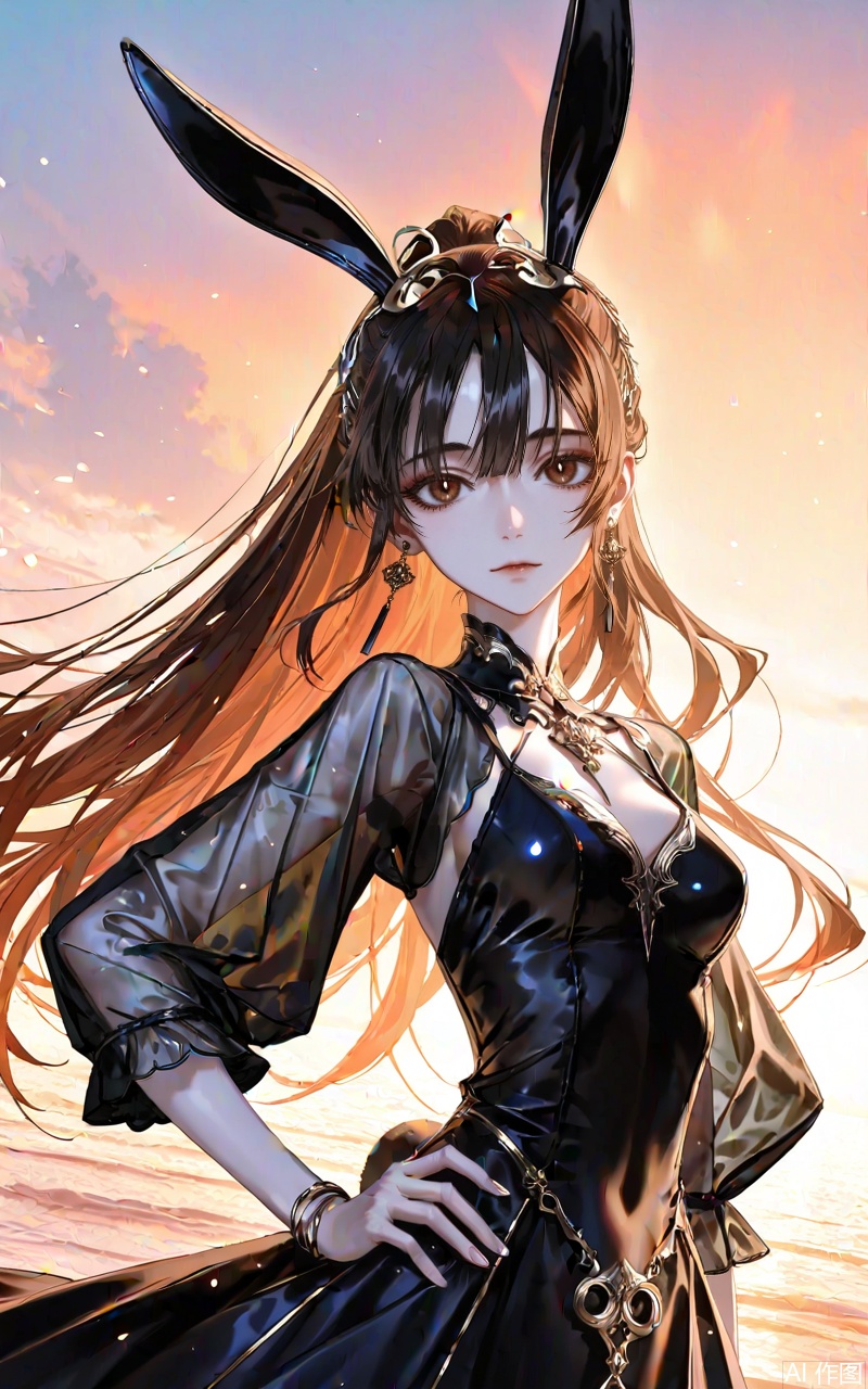 ,xiaowu,1girl,solo,hair ornament,long hair,looking at viewer,rabbit ear headwear,ponytail,brown hair,brown eyes,black hair,jewelry,earrings,
1girl,solo,jewelry,earrings,see-through,dress,upper body,black dress,hand on own hip,breasts,see-through sleeves,
close-up details,outstanding style,adding a touch of dimension to your images without compromising details,whirls of vapor,iridescent textures,(Anime:1.1),ethereal ambiance,delicate details,magical high-concept,32K UHD,sharp focus,best-quality,masterpiece,golden hour,unconventional supreme masterpiece,masterful details,temperate atmosphere,with a high-end texture,in the style of fashion photography,photography,cover,dynamic angle,dynamic posture,(artist:quasarcake:0.8),extreme aesthetic,(wlop:0.6),(honjou raita, lack, rella:0.5, wanke),masterpiece,best quality,good quality,very aesthetic,absurdres,visual impact,a shot with tension,ultra-high resolution,32K UHD,sharp focus,best-quality,masterpiece,emotionalization,unconventional supreme masterpiece,masterful details,temperate atmosphere,with a high-end texture,in the style of fashion photography,(visual impact:1.2),giving the poster a dynamic and visually striking appearance,impactful picture,official art,colorful,splash of color,movie perspective,masterpiece,best quality,amazing quality,very aesthetic,absurdres,best quality,newest,