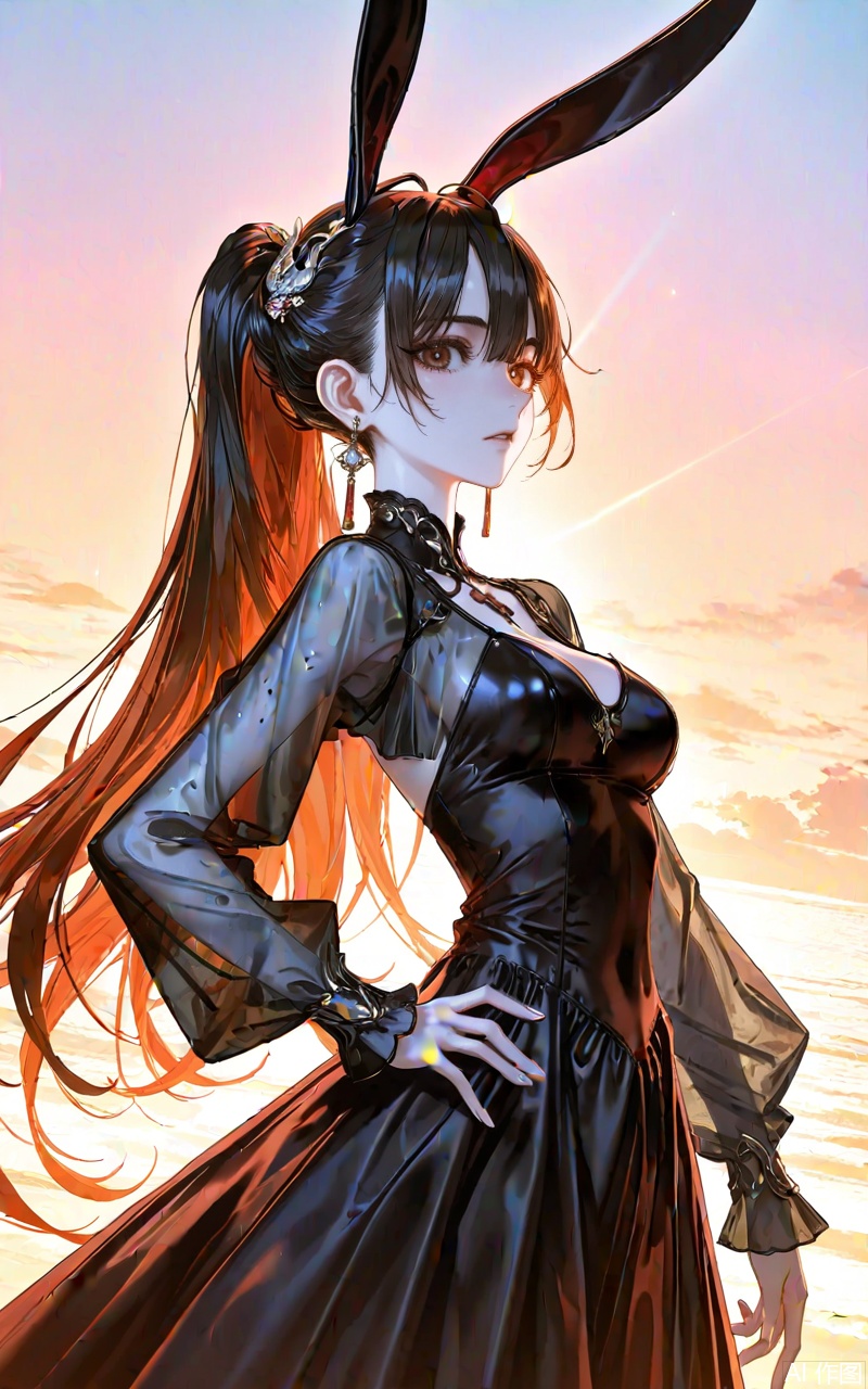 ,xiaowu,1girl,solo,hair ornament,long hair,looking at viewer,rabbit ear headwear,ponytail,brown hair,brown eyes,black hair,jewelry,earrings,
1girl,solo,jewelry,earrings,see-through,dress,upper body,black dress,hand on own hip,breasts,see-through sleeves,
close-up details,outstanding style,adding a touch of dimension to your images without compromising details,whirls of vapor,iridescent textures,(Anime:1.1),ethereal ambiance,delicate details,magical high-concept,32K UHD,sharp focus,best-quality,masterpiece,golden hour,unconventional supreme masterpiece,masterful details,temperate atmosphere,with a high-end texture,in the style of fashion photography,photography,cover,dynamic angle,dynamic posture,(artist:quasarcake:0.8),extreme aesthetic,(wlop:0.6),(honjou raita, lack, rella:0.5, wanke),masterpiece,best quality,good quality,very aesthetic,absurdres,visual impact,a shot with tension,ultra-high resolution,32K UHD,sharp focus,best-quality,masterpiece,emotionalization,unconventional supreme masterpiece,masterful details,temperate atmosphere,with a high-end texture,in the style of fashion photography,(visual impact:1.2),giving the poster a dynamic and visually striking appearance,impactful picture,official art,colorful,splash of color,movie perspective,masterpiece,best quality,amazing quality,very aesthetic,absurdres,best quality,newest,
