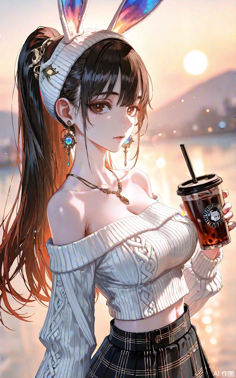 ,xiaowu,1girl,solo,hair ornament,long hair,looking at viewer,rabbit ear headwear,ponytail,brown hair,brown eyes,black hair,jewelry,earrings,
 1girl,solo,skirt,off shoulder,off-shoulder sweater,jewelry,white sweater,necklace,cup,bare shoulders,holding,sweater,disposable cup,breasts,black skirt,plaid skirt,collarbone,plaid,blurry background,crop top,holding cup,blurry,midriff,long sleeves,large breasts,
close-up details,outstanding style,adding a touch of dimension to your images without compromising details,whirls of vapor,iridescent textures,(Anime:1.1),ethereal ambiance,delicate details,magical high-concept,32K UHD,sharp focus,best-quality,masterpiece,golden hour,unconventional supreme masterpiece,masterful details,temperate atmosphere,with a high-end texture,in the style of fashion photography,photography,cover,dynamic angle,dynamic posture,(artist:quasarcake:0.8),extreme aesthetic,(wlop:0.6),(honjou raita, lack, rella:0.5, wanke),masterpiece,best quality,good quality,very aesthetic,absurdres,visual impact,a shot with tension,ultra-high resolution,32K UHD,sharp focus,best-quality,masterpiece,emotionalization,unconventional supreme masterpiece,masterful details,temperate atmosphere,with a high-end texture,in the style of fashion photography,(visual impact:1.2),giving the poster a dynamic and visually striking appearance,impactful picture,official art,colorful,splash of color,movie perspective,masterpiece,best quality,amazing quality,very aesthetic,absurdres,best quality,newest,