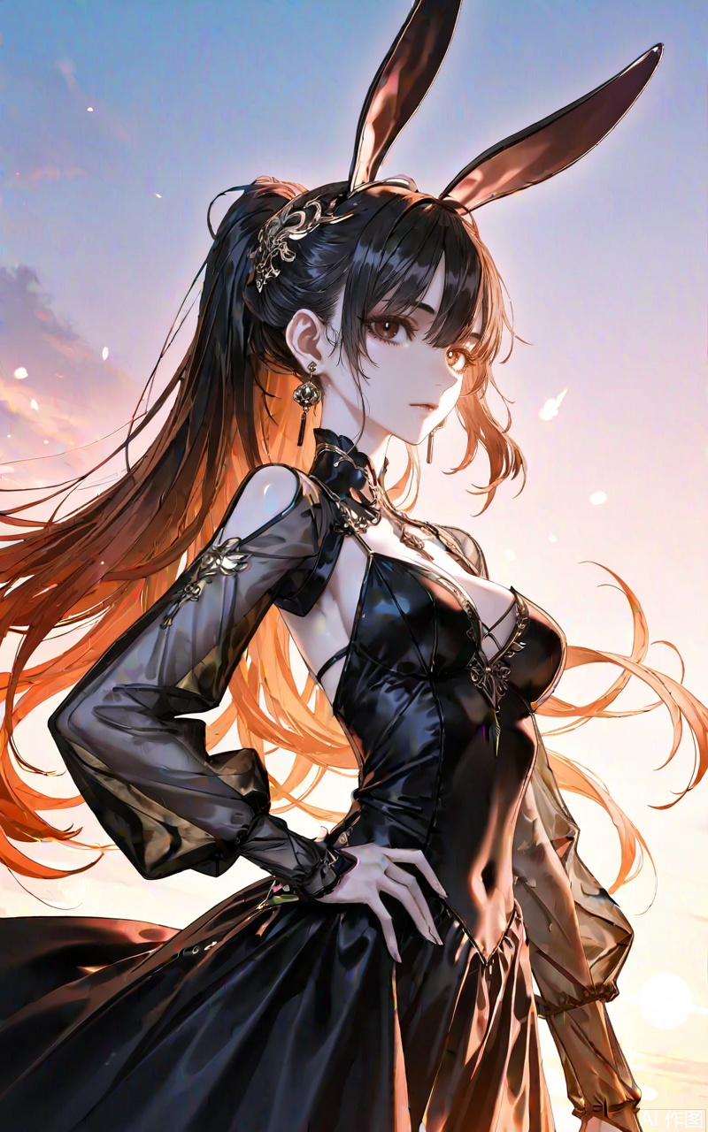 ,xiaowu,1girl,solo,hair ornament,long hair,looking at viewer,rabbit ear headwear,ponytail,brown hair,brown eyes,black hair,jewelry,earrings,
1girl,solo,jewelry,earrings,see-through,dress,upper body,black dress,hand on own hip,breasts,see-through sleeves,
close-up details,outstanding style,adding a touch of dimension to your images without compromising details,whirls of vapor,iridescent textures,(Anime:1.1),ethereal ambiance,delicate details,magical high-concept,32K UHD,sharp focus,best-quality,masterpiece,golden hour,unconventional supreme masterpiece,masterful details,temperate atmosphere,with a high-end texture,in the style of fashion photography,photography,cover,dynamic angle,dynamic posture,(artist:quasarcake:0.8),extreme aesthetic,(wlop:0.6),(honjou raita, lack, rella:0.5, wanke),masterpiece,best quality,good quality,very aesthetic,absurdres,visual impact,a shot with tension,ultra-high resolution,32K UHD,sharp focus,best-quality,masterpiece,emotionalization,unconventional supreme masterpiece,masterful details,temperate atmosphere,with a high-end texture,in the style of fashion photography,(visual impact:1.2),giving the poster a dynamic and visually striking appearance,impactful picture,official art,colorful,splash of color,movie perspective,masterpiece,best quality,amazing quality,very aesthetic,absurdres,best quality,newest,
