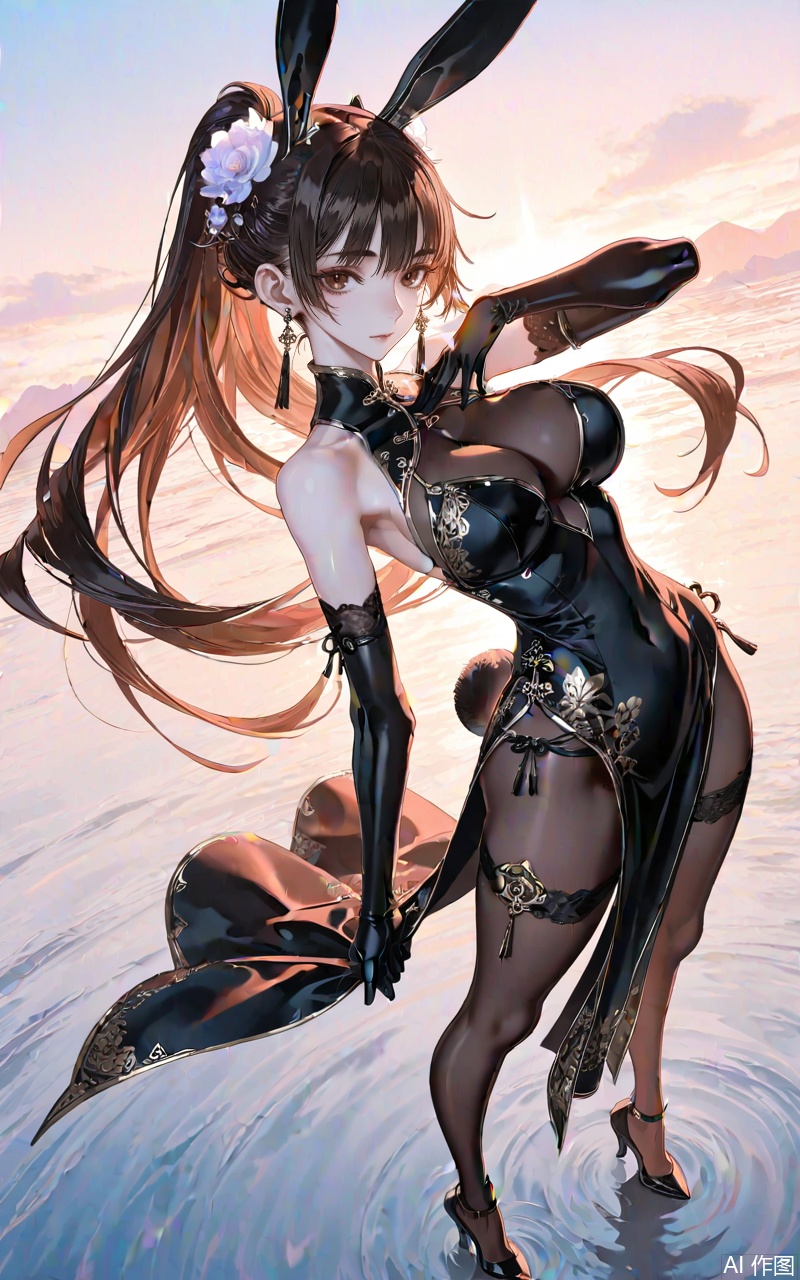 ,xiaowu,1girl,solo,hair ornament,long hair,looking at viewer,rabbit ear headwear,ponytail,brown hair,brown eyes,black hair,jewelry,earrings,
 1girl,breasts,solo,dress,gloves,large breasts,black dress,elbow gloves,full body,chinese clothes,black footwear,flower,bare shoulders,china dress,looking at viewer,official alternate costume,hair flower,high heels,standing,hair ornament,pelvic curtain,bodystocking,black gloves,cleavage,see-through,mole,lace-trimmed gloves, 
close-up details,outstanding style,adding a touch of dimension to your images without compromising details,whirls of vapor,iridescent textures,(Anime:1.1),ethereal ambiance,delicate details,magical high-concept,32K UHD,sharp focus,best-quality,masterpiece,golden hour,unconventional supreme masterpiece,masterful details,temperate atmosphere,with a high-end texture,in the style of fashion photography,photography,cover,dynamic angle,dynamic posture,(artist:quasarcake:0.8),extreme aesthetic,(wlop:0.6),(honjou raita, lack, rella:0.5, wanke),masterpiece,best quality,good quality,very aesthetic,absurdres,visual impact,a shot with tension,ultra-high resolution,32K UHD,sharp focus,best-quality,masterpiece,emotionalization,unconventional supreme masterpiece,masterful details,temperate atmosphere,with a high-end texture,in the style of fashion photography,(visual impact:1.2),giving the poster a dynamic and visually striking appearance,impactful picture,official art,colorful,splash of color,movie perspective,masterpiece,best quality,amazing quality,very aesthetic,absurdres,best quality,newest,