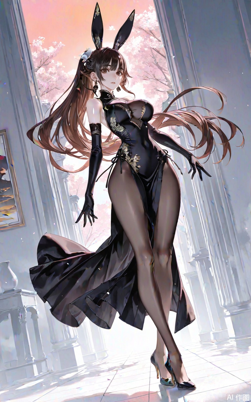 ,xiaowu,1girl,solo,hair ornament,long hair,looking at viewer,rabbit ear headwear,ponytail,brown hair,brown eyes,black hair,jewelry,earrings,
 1girl,breasts,solo,dress,gloves,large breasts,black dress,elbow gloves,full body,chinese clothes,black footwear,flower,bare shoulders,china dress,looking at viewer,official alternate costume,hair flower,high heels,standing,hair ornament,pelvic curtain,bodystocking,black gloves,cleavage,see-through,mole,lace-trimmed gloves, 
close-up details,outstanding style,adding a touch of dimension to your images without compromising details,whirls of vapor,iridescent textures,(Anime:1.1),ethereal ambiance,delicate details,magical high-concept,32K UHD,sharp focus,best-quality,masterpiece,golden hour,unconventional supreme masterpiece,masterful details,temperate atmosphere,with a high-end texture,in the style of fashion photography,photography,cover,dynamic angle,dynamic posture,(artist:quasarcake:0.8),extreme aesthetic,(wlop:0.6),(honjou raita, lack, rella:0.5, wanke),masterpiece,best quality,good quality,very aesthetic,absurdres,visual impact,a shot with tension,ultra-high resolution,32K UHD,sharp focus,best-quality,masterpiece,emotionalization,unconventional supreme masterpiece,masterful details,temperate atmosphere,with a high-end texture,in the style of fashion photography,(visual impact:1.2),giving the poster a dynamic and visually striking appearance,impactful picture,official art,colorful,splash of color,movie perspective,masterpiece,best quality,amazing quality,very aesthetic,absurdres,best quality,newest,