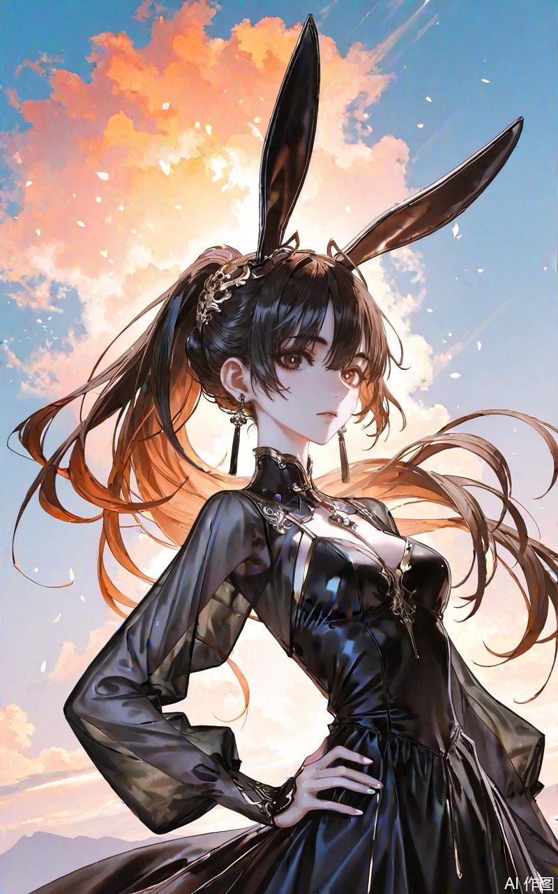 ,xiaowu,1girl,solo,hair ornament,long hair,looking at viewer,rabbit ear headwear,ponytail,brown hair,brown eyes,black hair,jewelry,earrings,
1girl,solo,jewelry,earrings,see-through,dress,upper body,black dress,hand on own hip,breasts,see-through sleeves,
close-up details,outstanding style,adding a touch of dimension to your images without compromising details,whirls of vapor,iridescent textures,(Anime:1.1),ethereal ambiance,delicate details,magical high-concept,32K UHD,sharp focus,best-quality,masterpiece,golden hour,unconventional supreme masterpiece,masterful details,temperate atmosphere,with a high-end texture,in the style of fashion photography,photography,cover,dynamic angle,dynamic posture,(artist:quasarcake:0.8),extreme aesthetic,(wlop:0.6),(honjou raita, lack, rella:0.5, wanke),masterpiece,best quality,good quality,very aesthetic,absurdres,visual impact,a shot with tension,ultra-high resolution,32K UHD,sharp focus,best-quality,masterpiece,emotionalization,unconventional supreme masterpiece,masterful details,temperate atmosphere,with a high-end texture,in the style of fashion photography,(visual impact:1.2),giving the poster a dynamic and visually striking appearance,impactful picture,official art,colorful,splash of color,movie perspective,masterpiece,best quality,amazing quality,very aesthetic,absurdres,best quality,newest,