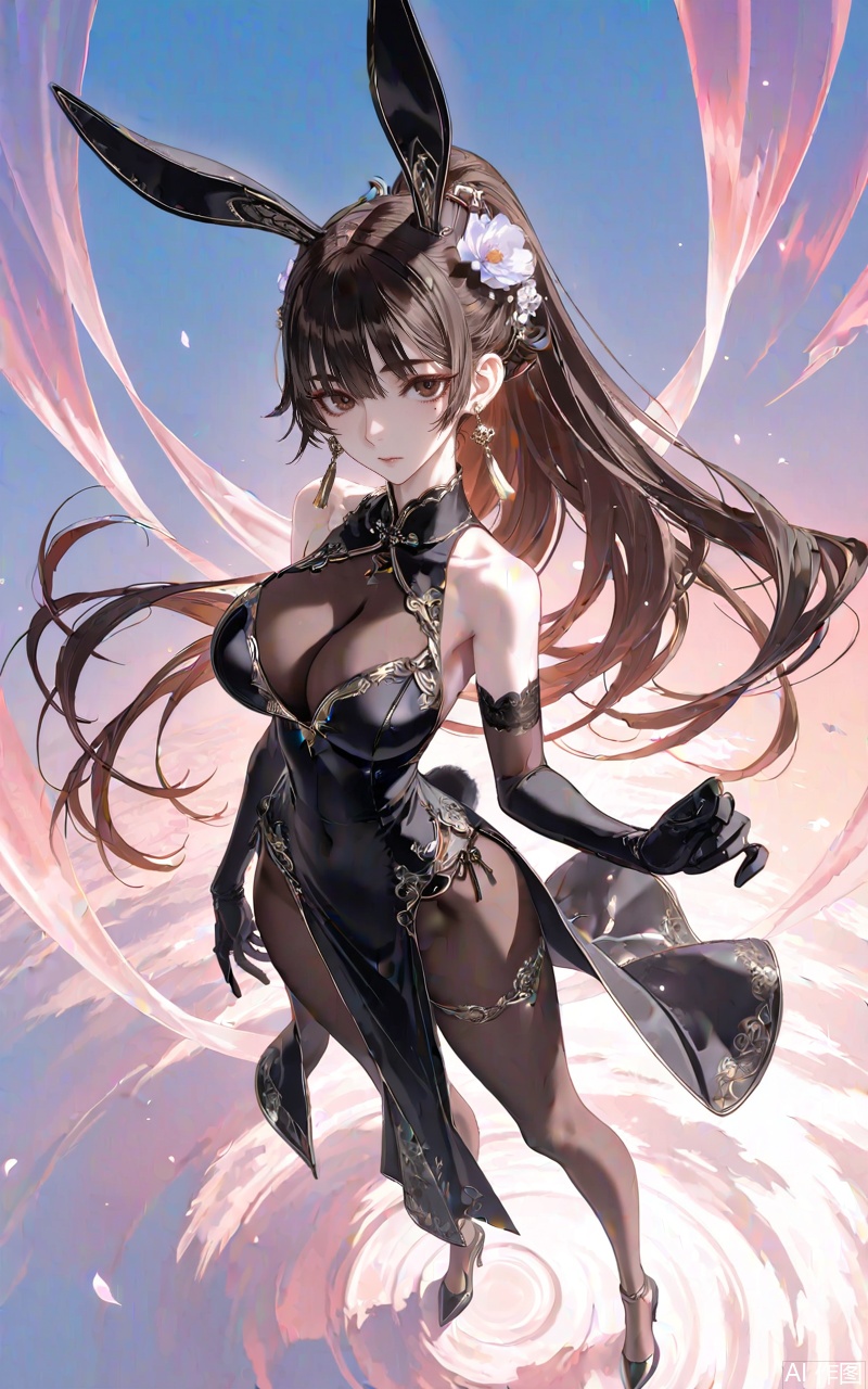,xiaowu,1girl,solo,hair ornament,long hair,looking at viewer,rabbit ear headwear,ponytail,brown hair,brown eyes,black hair,jewelry,earrings,
 1girl,breasts,solo,dress,gloves,large breasts,black dress,elbow gloves,full body,chinese clothes,black footwear,flower,bare shoulders,china dress,looking at viewer,official alternate costume,hair flower,high heels,standing,hair ornament,pelvic curtain,bodystocking,black gloves,cleavage,see-through,mole,lace-trimmed gloves, 
close-up details,outstanding style,adding a touch of dimension to your images without compromising details,whirls of vapor,iridescent textures,(Anime:1.1),ethereal ambiance,delicate details,magical high-concept,32K UHD,sharp focus,best-quality,masterpiece,golden hour,unconventional supreme masterpiece,masterful details,temperate atmosphere,with a high-end texture,in the style of fashion photography,photography,cover,dynamic angle,dynamic posture,(artist:quasarcake:0.8),extreme aesthetic,(wlop:0.6),(honjou raita, lack, rella:0.5, wanke),masterpiece,best quality,good quality,very aesthetic,absurdres,visual impact,a shot with tension,ultra-high resolution,32K UHD,sharp focus,best-quality,masterpiece,emotionalization,unconventional supreme masterpiece,masterful details,temperate atmosphere,with a high-end texture,in the style of fashion photography,(visual impact:1.2),giving the poster a dynamic and visually striking appearance,impactful picture,official art,colorful,splash of color,movie perspective,masterpiece,best quality,amazing quality,very aesthetic,absurdres,best quality,newest,