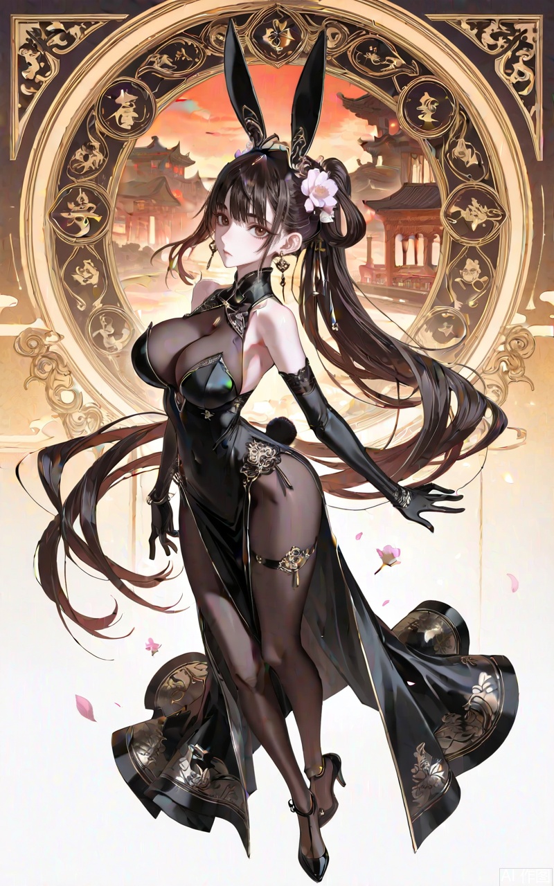 ,xiaowu,1girl,solo,hair ornament,long hair,looking at viewer,rabbit ear headwear,ponytail,brown hair,brown eyes,black hair,jewelry,earrings,
 1girl,breasts,solo,dress,gloves,large breasts,black dress,elbow gloves,full body,chinese clothes,black footwear,flower,bare shoulders,china dress,looking at viewer,official alternate costume,hair flower,high heels,standing,hair ornament,pelvic curtain,bodystocking,black gloves,cleavage,see-through,mole,lace-trimmed gloves, 
close-up details,outstanding style,adding a touch of dimension to your images without compromising details,whirls of vapor,iridescent textures,(Anime:1.1),ethereal ambiance,delicate details,magical high-concept,32K UHD,sharp focus,best-quality,masterpiece,golden hour,unconventional supreme masterpiece,masterful details,temperate atmosphere,with a high-end texture,in the style of fashion photography,photography,cover,dynamic angle,dynamic posture,(artist:quasarcake:0.8),extreme aesthetic,(wlop:0.6),(honjou raita, lack, rella:0.5, wanke),masterpiece,best quality,good quality,very aesthetic,absurdres,visual impact,a shot with tension,ultra-high resolution,32K UHD,sharp focus,best-quality,masterpiece,emotionalization,unconventional supreme masterpiece,masterful details,temperate atmosphere,with a high-end texture,in the style of fashion photography,(visual impact:1.2),giving the poster a dynamic and visually striking appearance,impactful picture,official art,colorful,splash of color,movie perspective,masterpiece,best quality,amazing quality,very aesthetic,absurdres,best quality,newest,