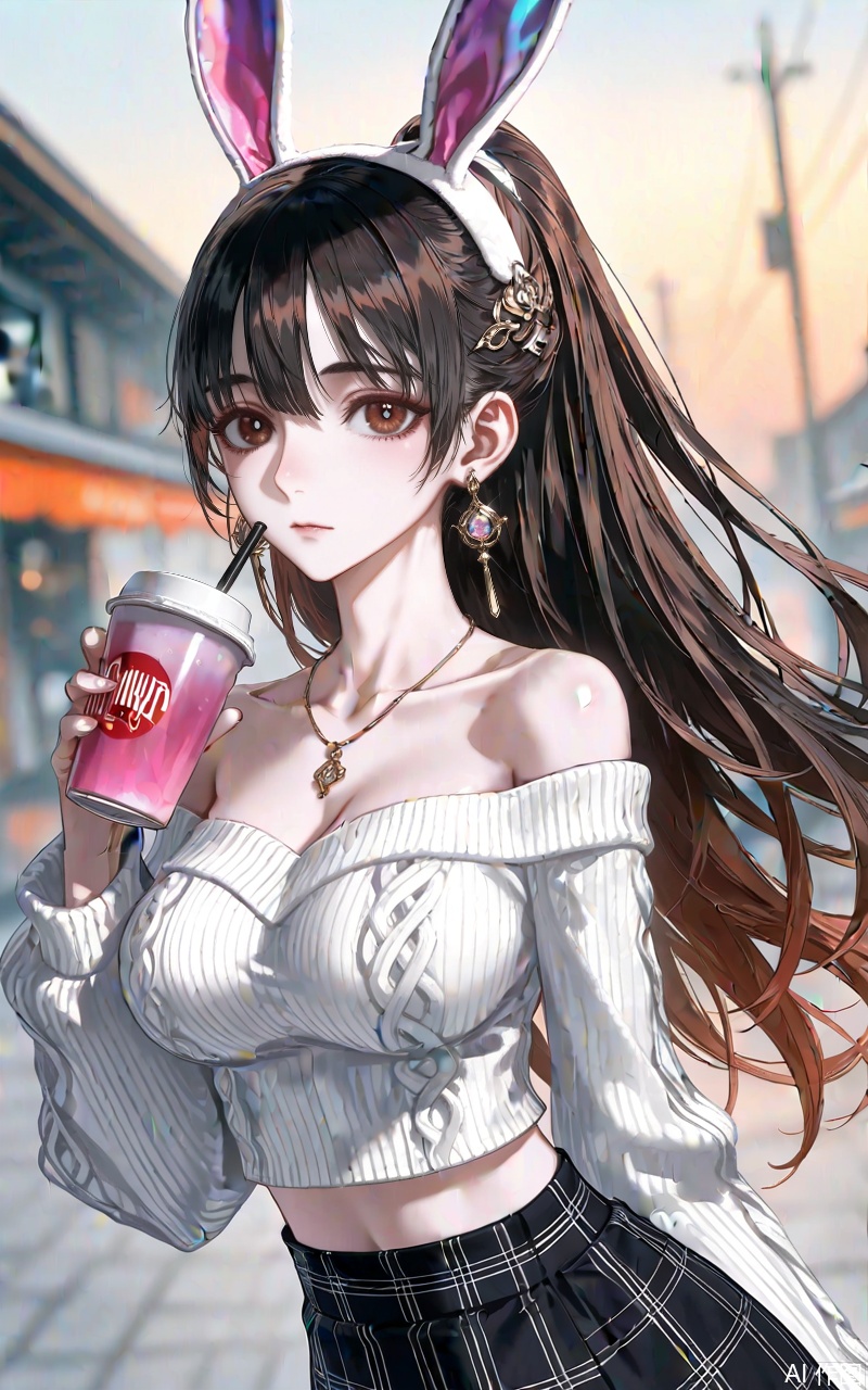 ,xiaowu,1girl,solo,hair ornament,long hair,looking at viewer,rabbit ear headwear,ponytail,brown hair,brown eyes,black hair,jewelry,earrings,
 1girl,solo,skirt,off shoulder,off-shoulder sweater,jewelry,white sweater,necklace,cup,bare shoulders,holding,sweater,disposable cup,breasts,black skirt,plaid skirt,collarbone,plaid,blurry background,crop top,holding cup,blurry,midriff,long sleeves,large breasts,
close-up details,outstanding style,adding a touch of dimension to your images without compromising details,whirls of vapor,iridescent textures,(Anime:1.1),ethereal ambiance,delicate details,magical high-concept,32K UHD,sharp focus,best-quality,masterpiece,golden hour,unconventional supreme masterpiece,masterful details,temperate atmosphere,with a high-end texture,in the style of fashion photography,photography,cover,dynamic angle,dynamic posture,(artist:quasarcake:0.8),extreme aesthetic,(wlop:0.6),(honjou raita, lack, rella:0.5, wanke),masterpiece,best quality,good quality,very aesthetic,absurdres,visual impact,a shot with tension,ultra-high resolution,32K UHD,sharp focus,best-quality,masterpiece,emotionalization,unconventional supreme masterpiece,masterful details,temperate atmosphere,with a high-end texture,in the style of fashion photography,(visual impact:1.2),giving the poster a dynamic and visually striking appearance,impactful picture,official art,colorful,splash of color,movie perspective,masterpiece,best quality,amazing quality,very aesthetic,absurdres,best quality,newest,