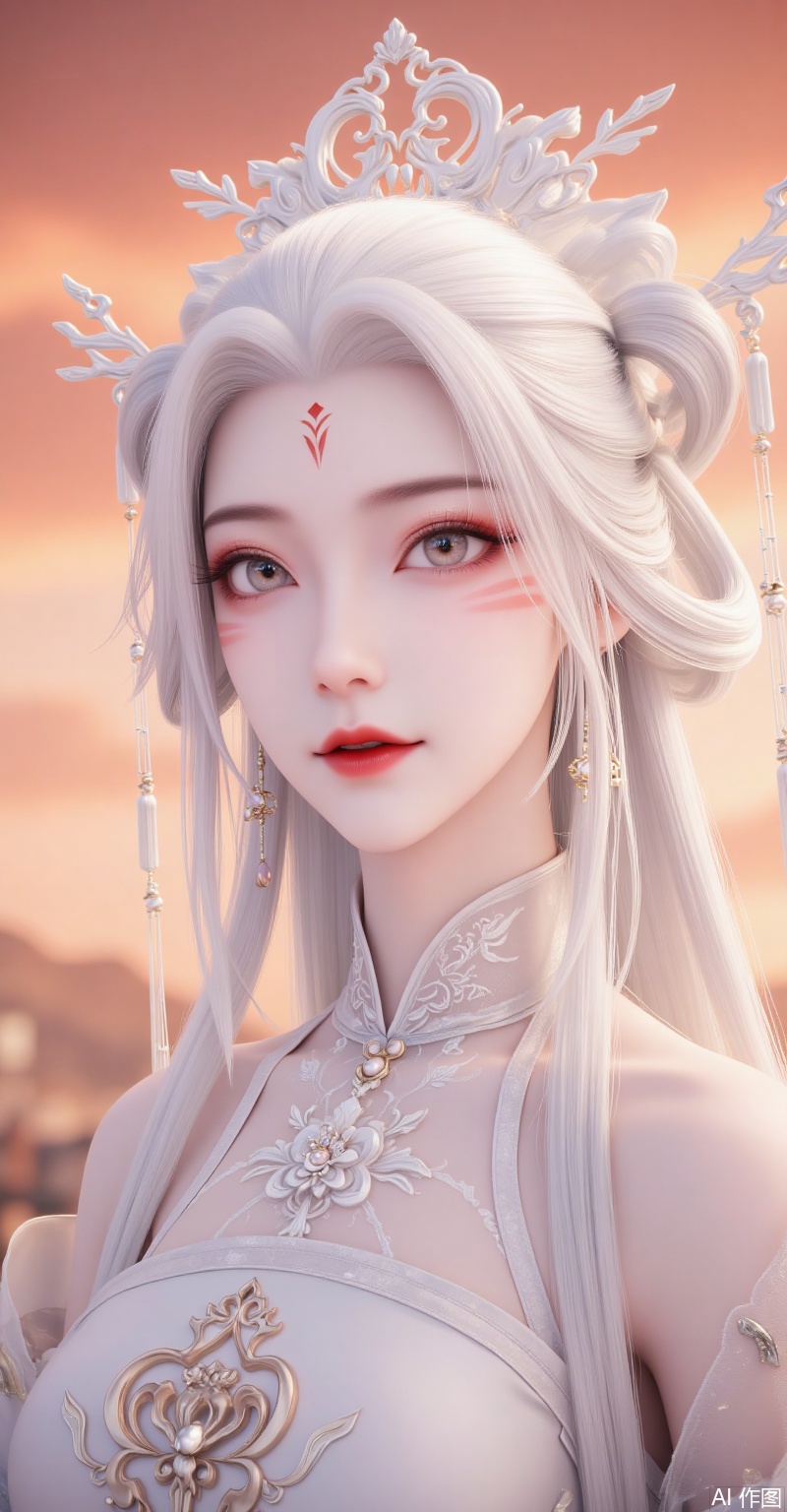 「Ethereal xianxia female character, silver-white long hair intricately braided with delicate white hair ornaments (branch-shaped with dangling pearls), red floral forehead makeup, sophisticated red-brown smoky eyes, rosy lips. Wearing light-toned traditional hanfu with embroidered collar and small metallic shoulder accessories. Warm orange gradient sky background, dreamy and celestial atmosphere, soft lighting, highly detailed, 8K ultra HD」