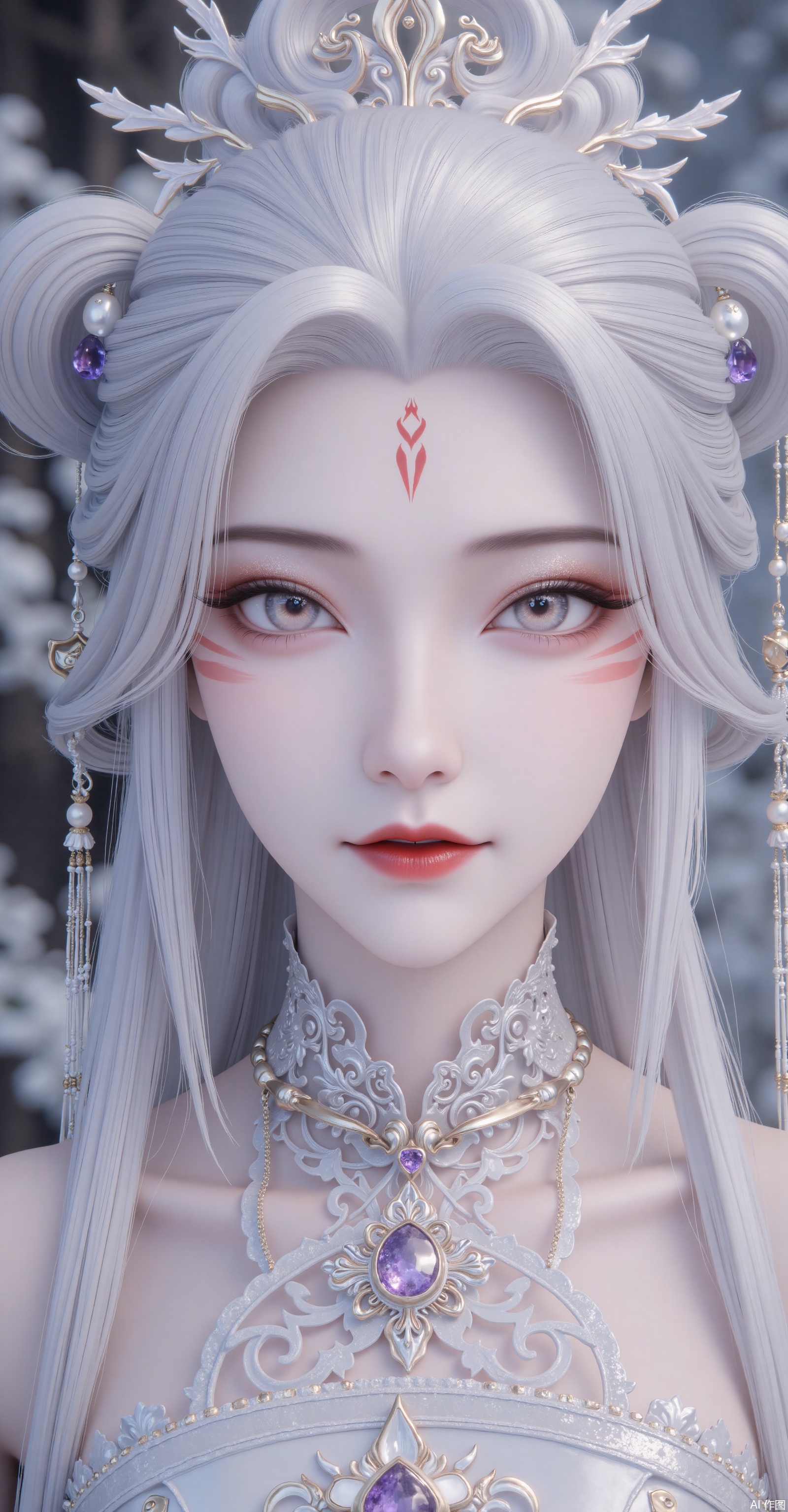 「Xianxia-themed woman with metallic silver-white hair (translucent gradient with lavender sheen), wearing maximalist white metal branch headpiece (embedded sapphires + pearl chains), red flame bindi between eyebrows, red-brown cut-crease eyeshadow with gold stardust under lower lash line. Multi-layered filigree gold necklace, asymmetric earrings (left pearl right sapphire).」