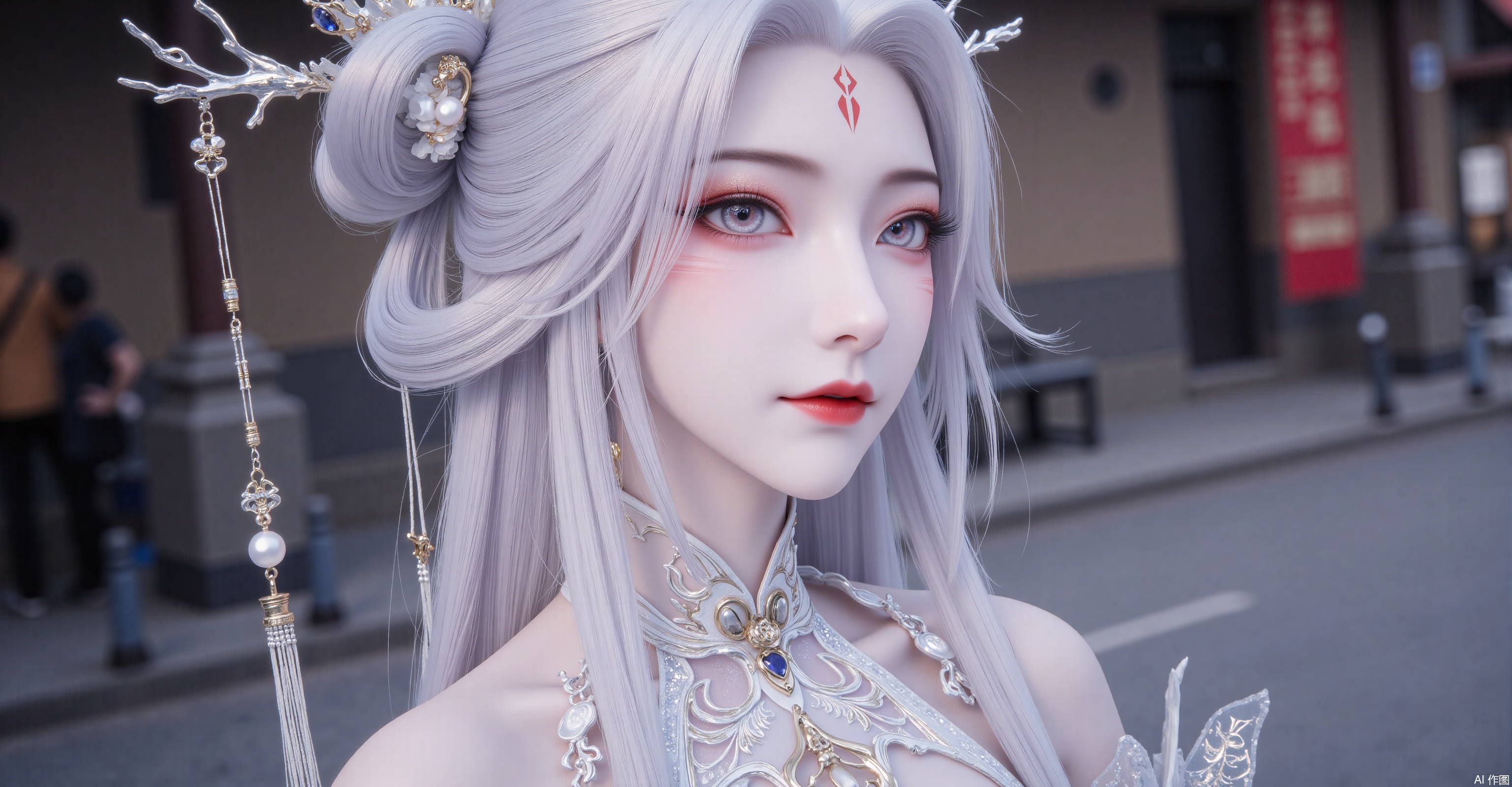 「Xianxia-themed woman with metallic silver-white hair (translucent gradient with lavender sheen), wearing maximalist white metal branch headpiece (embedded sapphires + pearl chains), red flame bindi between eyebrows, red-brown cut-crease eyeshadow with gold stardust under lower lash line. Multi-layered filigree gold necklace, asymmetric earrings (left pearl right sapphire).」
