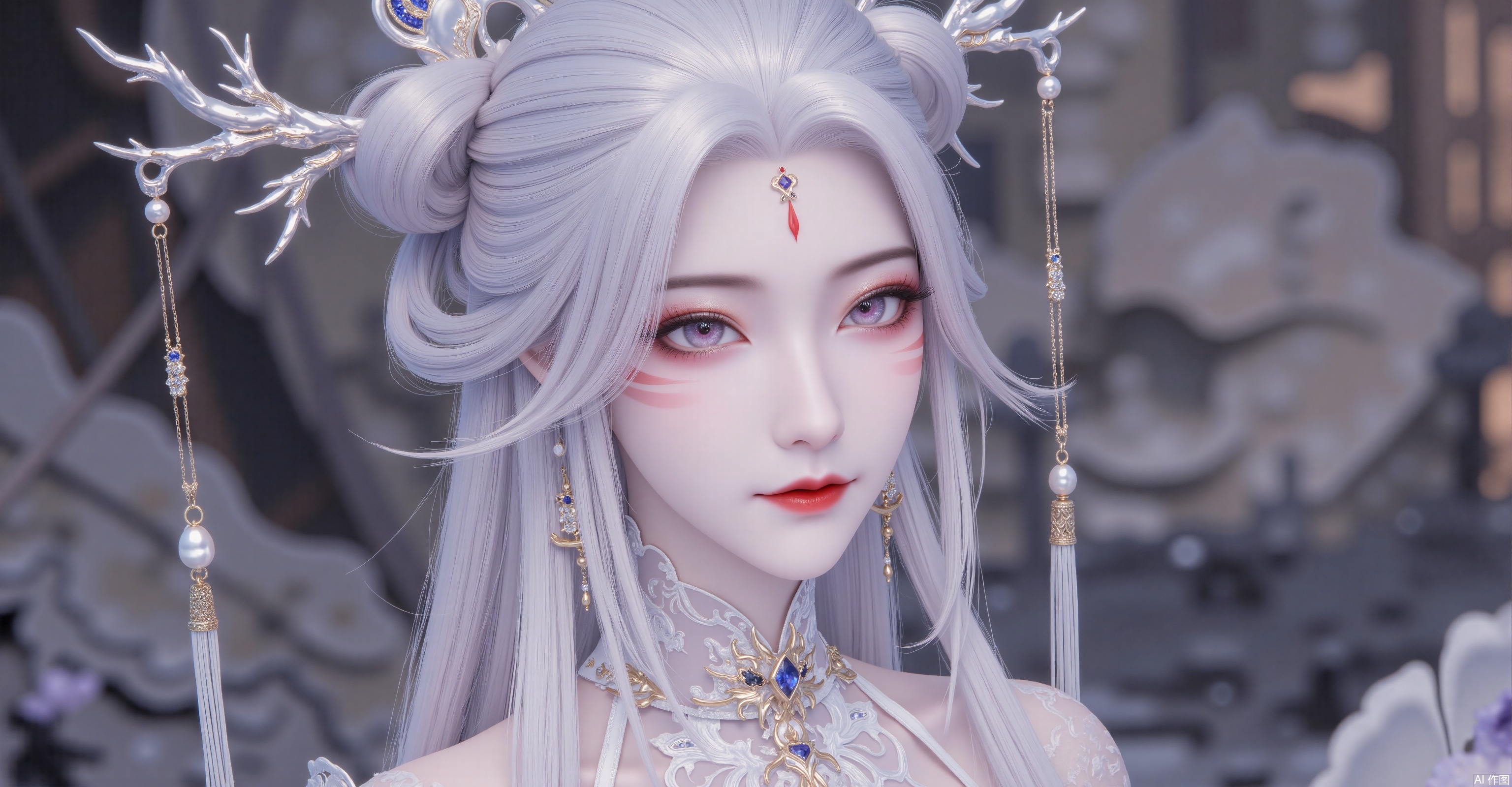 「Xianxia-themed woman with metallic silver-white hair (translucent gradient with lavender sheen), wearing maximalist white metal branch headpiece (embedded sapphires + pearl chains), red flame bindi between eyebrows, red-brown cut-crease eyeshadow with gold stardust under lower lash line. Multi-layered filigree gold necklace, asymmetric earrings (left pearl right sapphire).」
