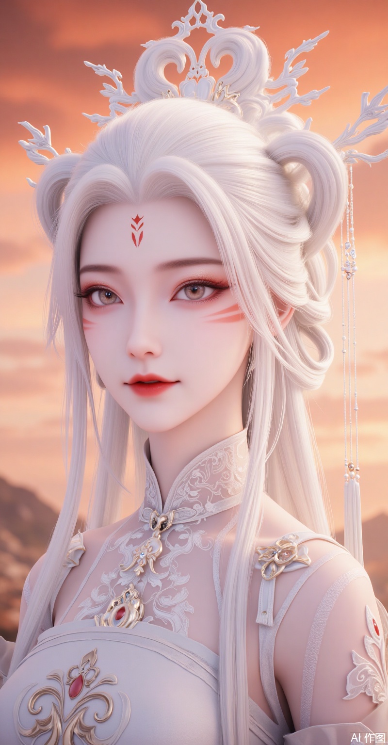 「Ethereal xianxia female character, silver-white long hair intricately braided with delicate white hair ornaments (branch-shaped with dangling pearls), red floral forehead makeup, sophisticated red-brown smoky eyes, rosy lips. Wearing light-toned traditional hanfu with embroidered collar and small metallic shoulder accessories. Warm orange gradient sky background, dreamy and celestial atmosphere, soft lighting, highly detailed, 8K ultra HD」