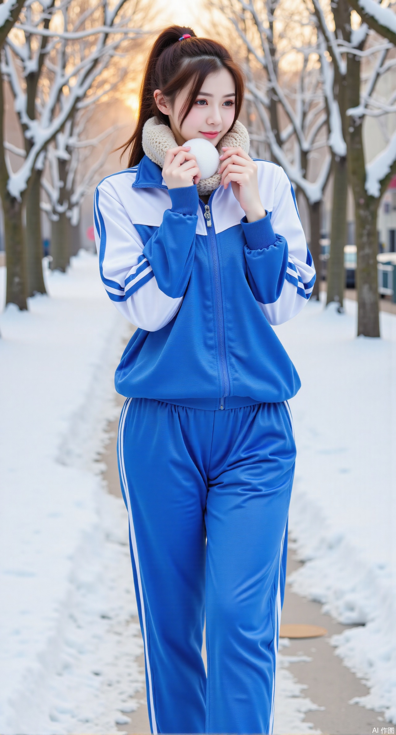 (masterpiece, best quality:1.2), A girl with a high ponytail wears a loose blue and white sports school uniform, with white stripes on the cuffs and trouser hems. She has a beige knitted scarf around her neck. Standing on the snow-covered campus track, she holds a snowball in both hands, a playful smile on her lips. Behind her are rows of trees with icicles hanging, and golden sunlight filters through the branches. High-saturation colors, detailed snow scene, 8K resolution.(huge breasts:2.99), (full breasts:2.99),Xqianqianmeinu,Xmoxionghanfu,Xleisiqipao,Xxeushengxiaofu,Xxiajixiaofu,Xzileisiqipao,XluxueqiXY2,Xyaoyuexianzi,XteYK,Xdongjixiaofu2,Xclaudmonetstyle,XLiquidGlassMaterial,Xclaudmonet