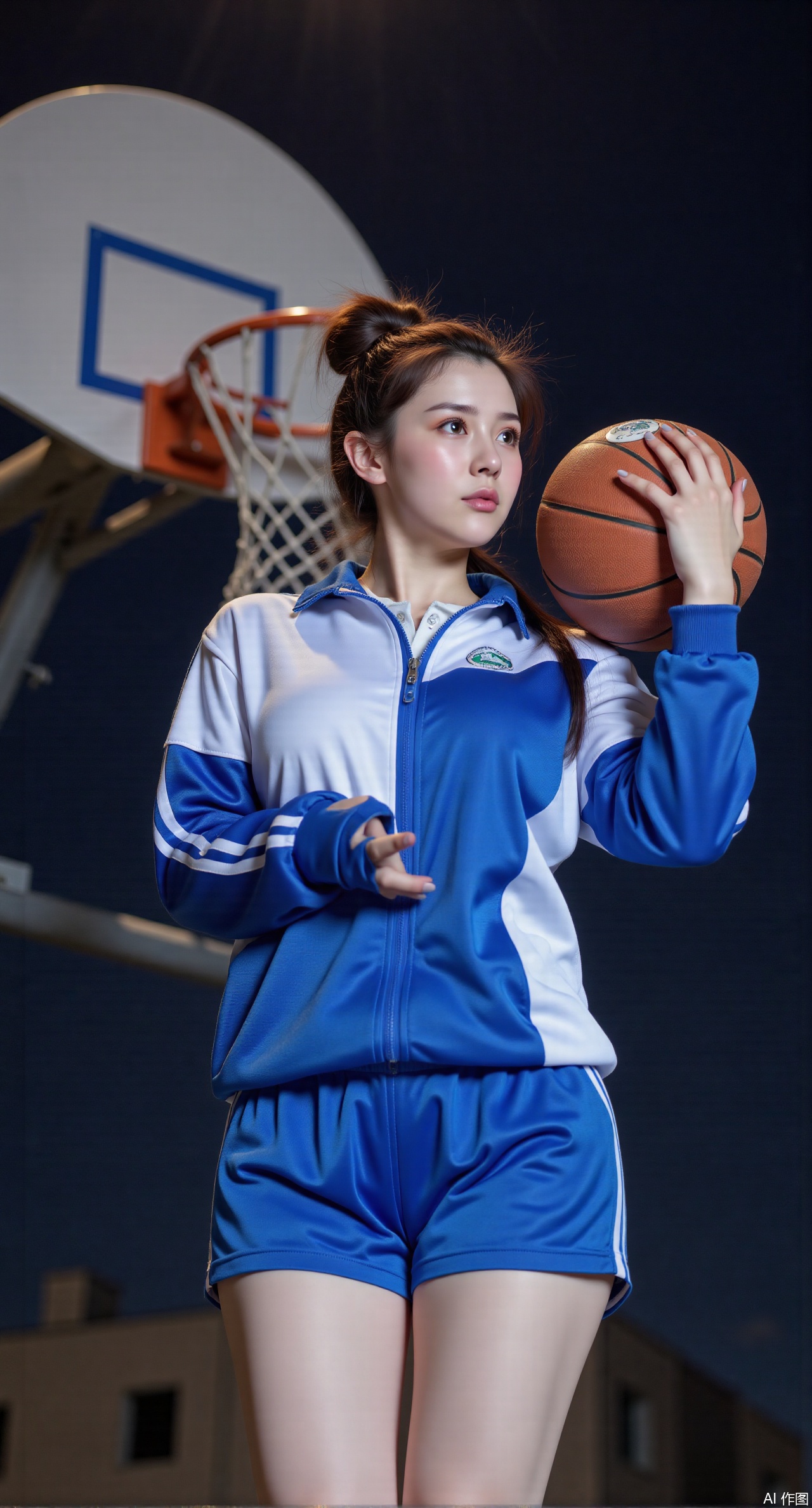 (masterpiece, best quality:1.2), A girl with her hair in a low bun wears a blue and white sports school uniform, a delicate school emblem brooch pinned to the collar. Standing on the moonlit campus basketball court, she holds a basketball, ready to shoot. Snow accumulates on the surrounding basketball hoops and horizontal bars, and the moonlight casts a silver glow around her figure. Cold moonlight, quiet night, soft shadows.(huge breasts:2.99), (full breasts:2.99),Xqianqianmeinu,Xmoxionghanfu,Xleisiqipao,Xxeushengxiaofu,Xxiajixiaofu,Xzileisiqipao,XluxueqiXY2,Xyaoyuexianzi,XteYK,Xdongjixiaofu2,Xclaudmonetstyle,XLiquidGlassMaterial,Xclaudmonet