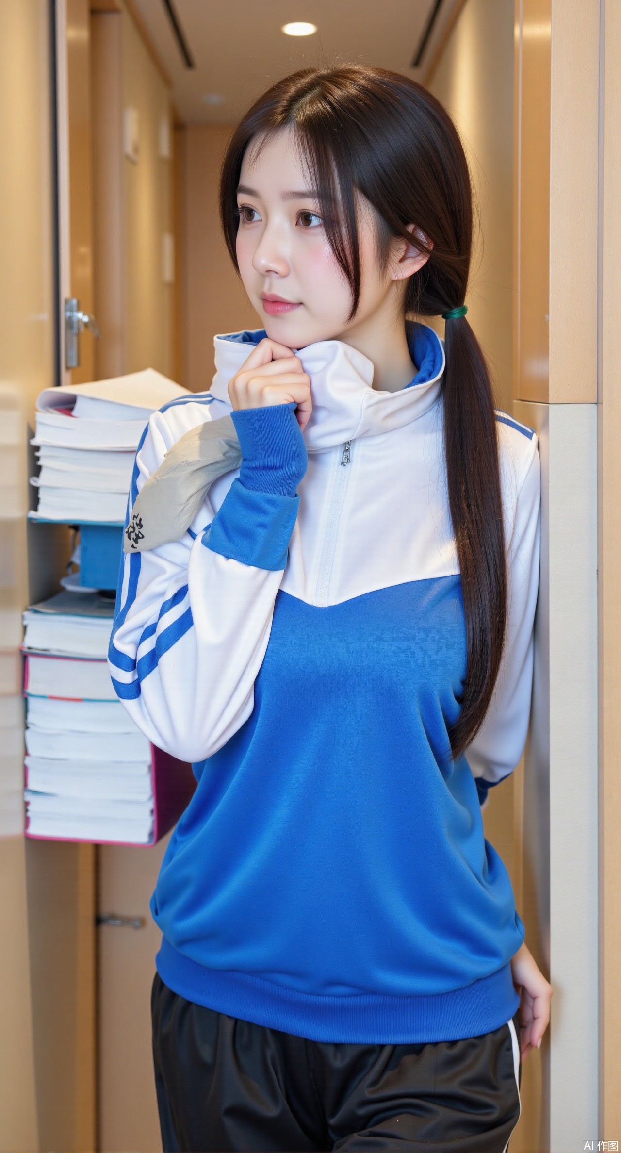 (masterpiece, best quality:1.2), A girl with two braids wears a blue and white sports school uniform, the blue part glistening slightly in the sunlight. Hugging a stack of exercise books, she runs along the corridor of the teaching building. The cold wind lifts a corner of her scarf, and her cheeks are flushed from the cold, but her eyes are full of energy. Dynamic pose, sharp lighting, youthful vibe..(huge breasts:2.99), (full breasts:2.99),Xqianqianmeinu,Xmoxionghanfu,Xleisiqipao,Xxeushengxiaofu,Xxiajixiaofu,Xzileisiqipao,XluxueqiXY2,Xyaoyuexianzi,XteYK,Xdongjixiaofu2,Xclaudmonetstyle,XLiquidGlassMaterial,Xclaudmonet
