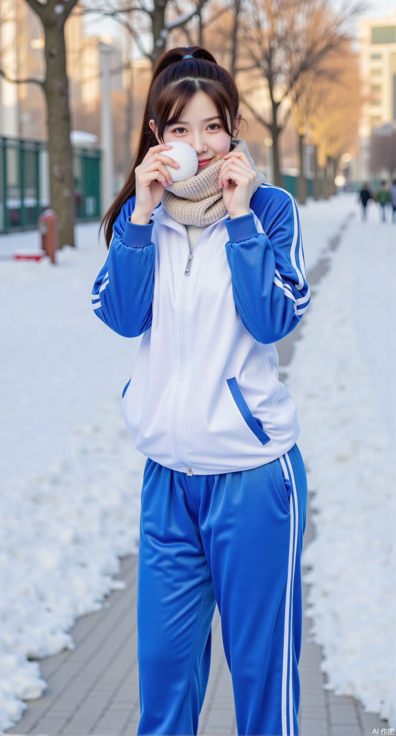 (masterpiece, best quality:1.2), A girl with a high ponytail wears a loose blue and white sports school uniform, with white stripes on the cuffs and trouser hems. She has a beige knitted scarf around her neck. Standing on the snow-covered campus track, she holds a snowball in both hands, a playful smile on her lips. Behind her are rows of trees with icicles hanging, and golden sunlight filters through the branches. High-saturation colors, detailed snow scene, 8K resolution.(huge breasts:2.99), (full breasts:2.99),Xqianqianmeinu,Xmoxionghanfu,Xleisiqipao,Xxeushengxiaofu,Xxiajixiaofu,Xzileisiqipao,XluxueqiXY2,Xyaoyuexianzi,XteYK,Xdongjixiaofu2,Xclaudmonetstyle,XLiquidGlassMaterial,Xclaudmonet