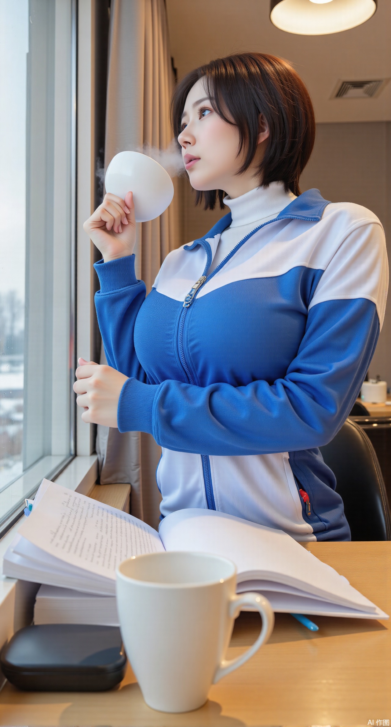 (masterpiece, best quality:1.2), A girl with short hair wears a blue and white winter sports school uniform, zipped up to reveal a white turtleneck sweater underneath. Sitting by the classroom window bathed in sunlight, she exhales warm breath into her cupped hands and looks out at the snowy landscape. An open textbook and a steaming cup of coffee sit on her desk, and water droplets condense on the glass. Soft indoor lighting, cozy atmosphere, detailed fabric wrinkles.(huge breasts:2.99), (full breasts:2.99),Xqianqianmeinu,Xmoxionghanfu,Xleisiqipao,Xxeushengxiaofu,Xxiajixiaofu,Xzileisiqipao,XluxueqiXY2,Xyaoyuexianzi,XteYK,Xdongjixiaofu2,Xclaudmonetstyle,XLiquidGlassMaterial,Xclaudmonet