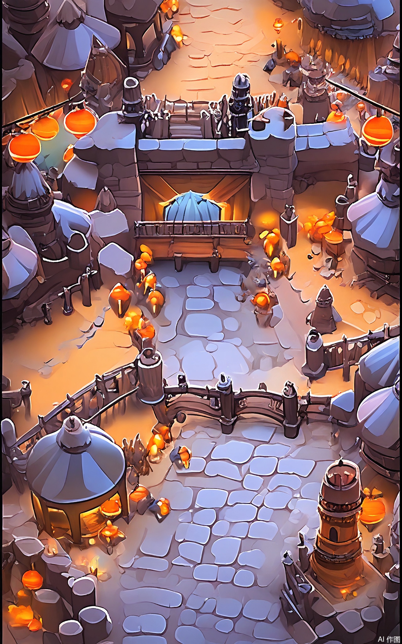 SBYX, A vertical perspective of a charming, cartoonish, fantasy medieval town. Cobblestone streets wind through the town, lined with half-timbered houses and shops. A castle with tall towers looms over the town, and a drawbridge spans the moat. Knights in armor patrol the streets, and the air is filled with the sound of bells and market vendors.
