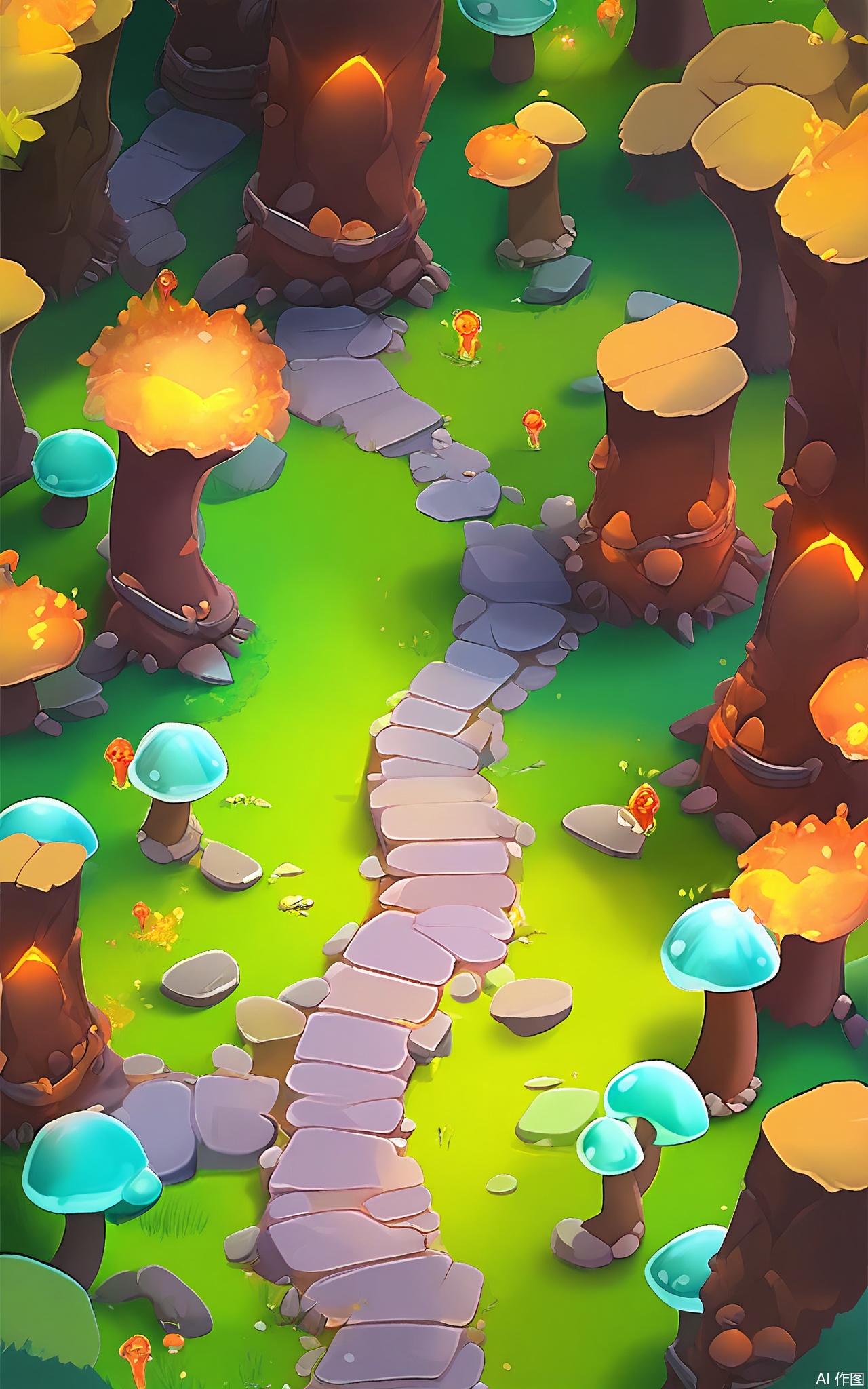 SBYX, A vertical perspective of a mystical, cartoonish, fantasy forest realm. Towering ancient trees with glowing leaves form a dense canopy, and bioluminescent mushrooms dot the forest floor. A narrow, cobblestone path winds through the trees, leading to a hidden crystal cave. Soft, ethereal light filters through the foliage, creating a dreamy and enchanting atmosphere.
