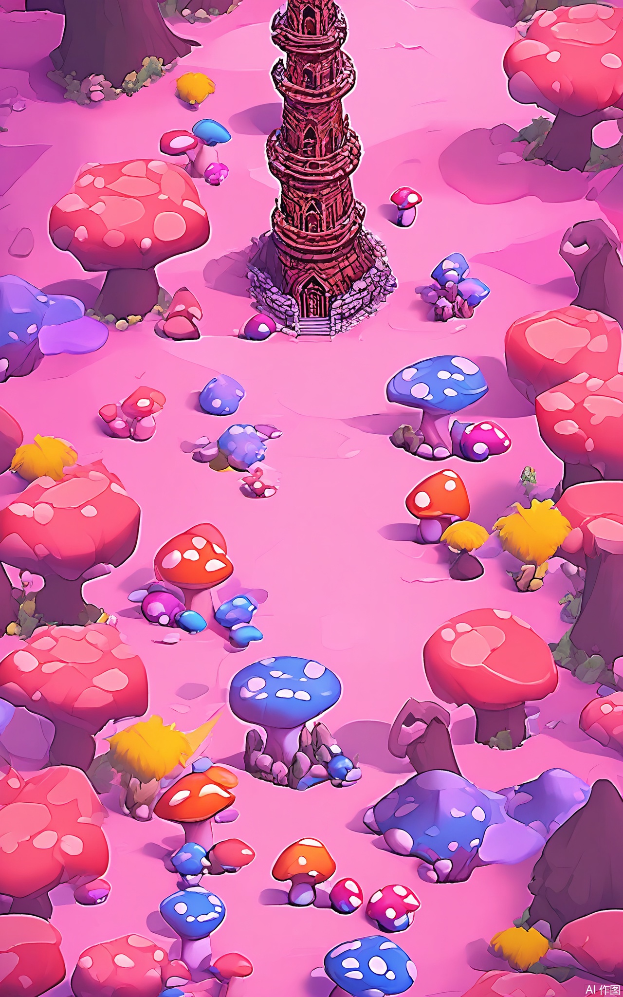 SBYX, An aerial view of a whimsical, cartoon-style, fantasy mushroom forest. Giant mushrooms of all shapes and sizes tower over the forest floor, and fairies flit among them. A small stream winds through the forest, and butterflies with colorful wings dance in the air. The scene is bathed in a soft, pink light.
