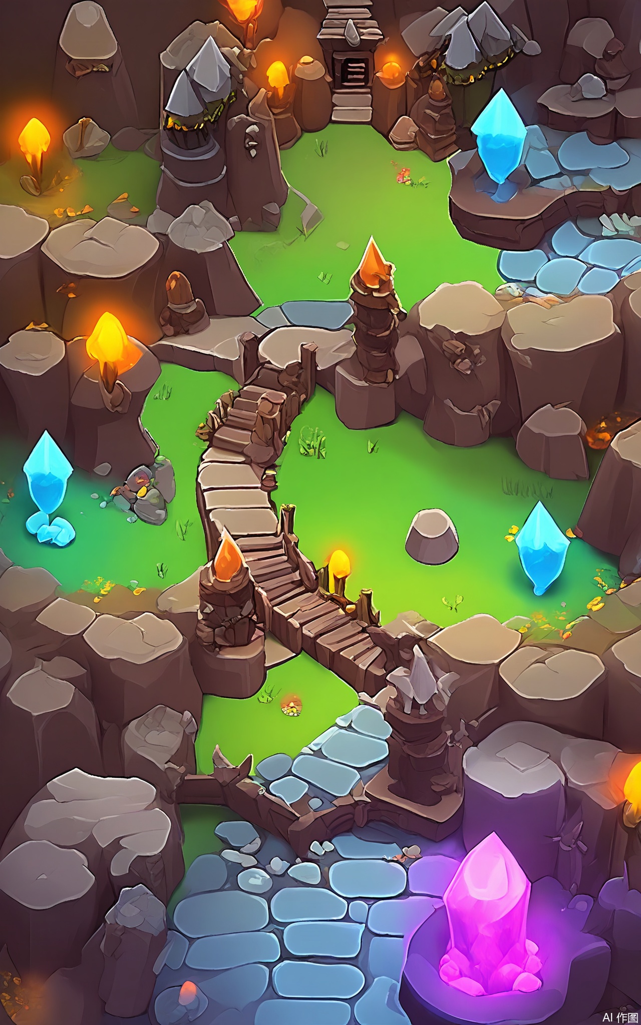 SBYX, A vertical shot of a mystical, cartoonish, fantasy cave village. Glowing crystals illuminate the underground chambers, where stone houses are carved into the walls. A subterranean river flows through the village, and bats fly overhead. The atmosphere is cool and damp, with a sense of mystery and adventure.
