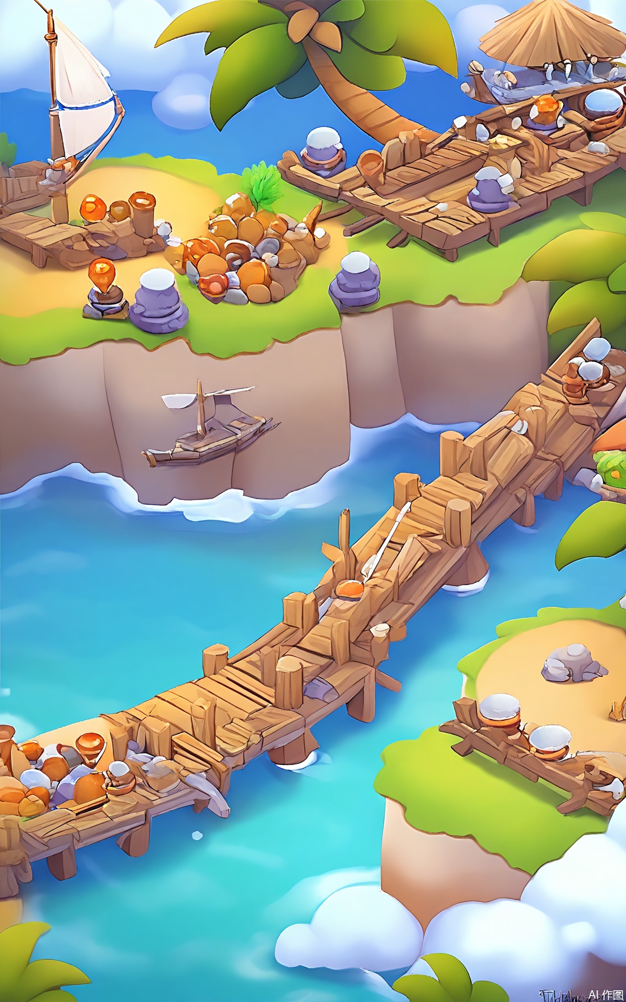 SBYX, A vertical perspective of a charming, cartoonish, fantasy island village. Sandy beaches with palm trees line the coast, and thatched-roof huts are scattered among the coconut groves. A wooden pier extends into the sea, where fishing boats are docked. The ocean is a deep blue, and the sky is filled with fluffy white clouds.
