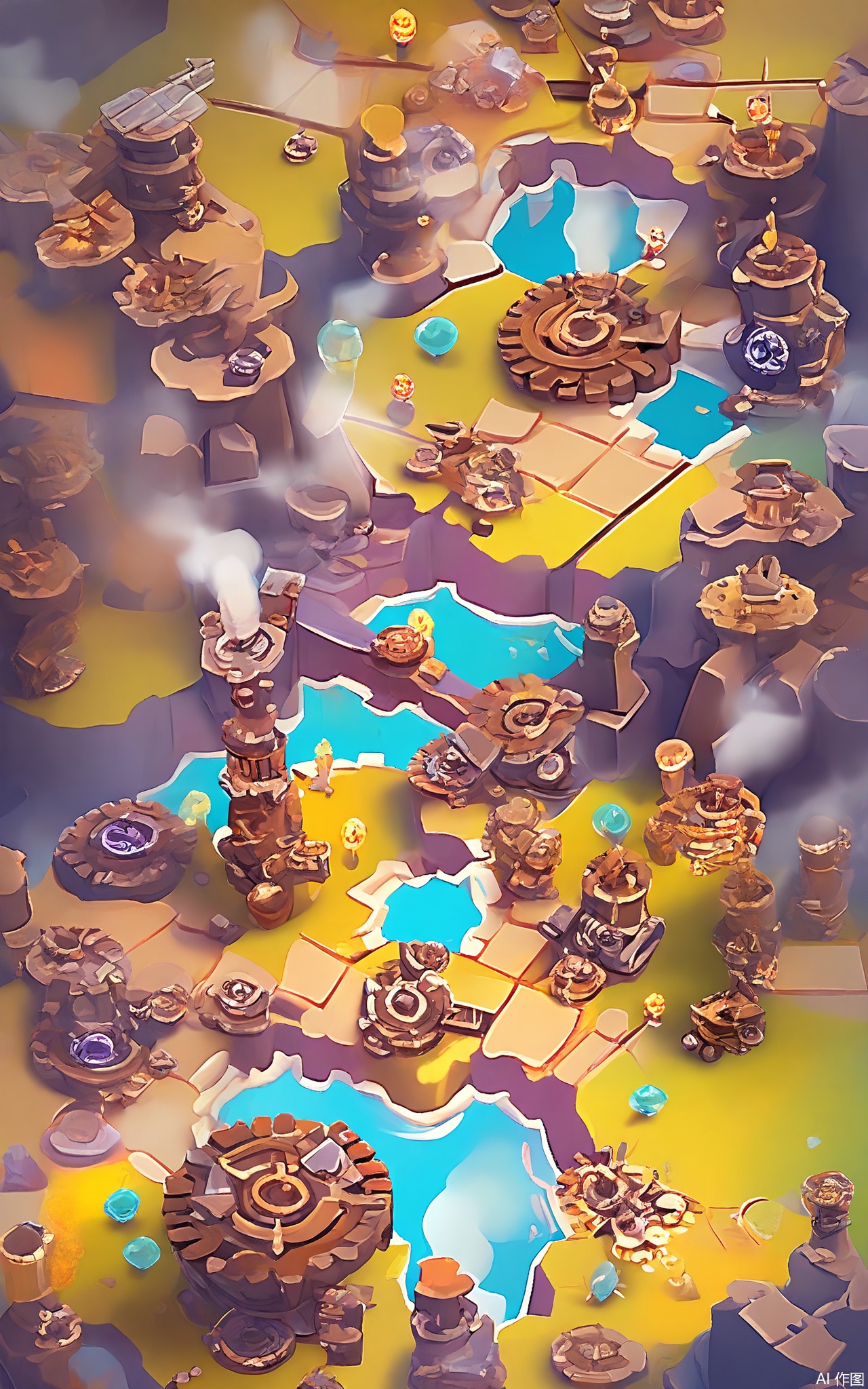 SBYX, A vertical perspective of a charming, cartoonish, fantasy clockwork city. Gears and cogs turn in the walls and buildings, and steam rises from the chimneys. Airships float in the sky, and robots go about their tasks. The city is a maze of metal and glass, and the air is filled with the sound of clanking and hissing.
