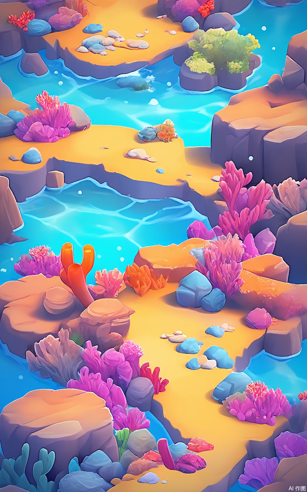 SBYX, An aerial view of a whimsical, cartoon-style, underwater village. Coral reefs in vibrant hues of pink, purple, and orange serve as the foundation for the houses, which are made of seashells and pearls. Schools of colorful fish swim around, and a gentle current carries seaweed that sways like ribbons. The water is a crystal-clear turquoise, and sunlight dances on the seabed.
