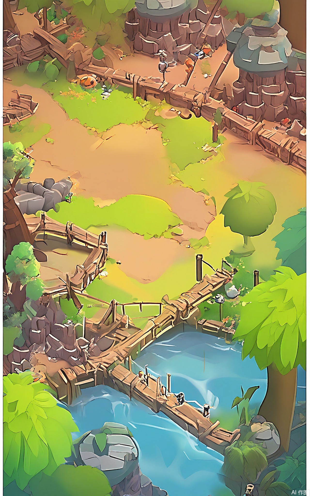 SBYX, An aerial view of a whimsical, cartoon-style, jungle city. Skyscrapers made of bamboo and vines reach towards the sky, and bridges made of ropes and wooden planks connect the buildings. Monkeys swing from tree to tree, and exotic birds soar through the air. The foliage is a lush green, and the air is thick with the sounds of nature.
