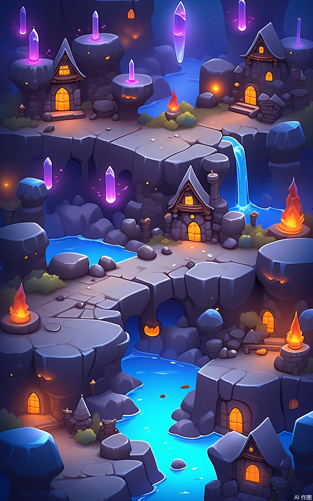 SBYX, A vertical shot of a mystical, cartoonish, fantasy cave village. Glowing crystals illuminate the underground chambers, where stone houses are carved into the walls. A subterranean river flows through the village, and bats fly overhead. The atmosphere is cool and damp, with a sense of mystery and adventure.
