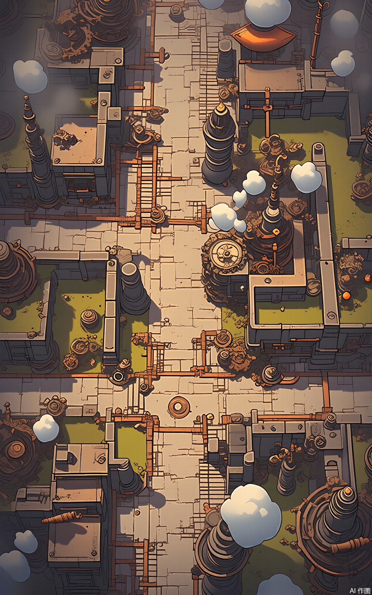 SBYX, A vertical perspective of a charming, cartoonish, fantasy clockwork city. Gears and cogs turn in the walls and buildings, and steam rises from the chimneys. Airships float in the sky, and robots go about their tasks. The city is a maze of metal and glass, and the air is filled with the sound of clanking and hissing.
