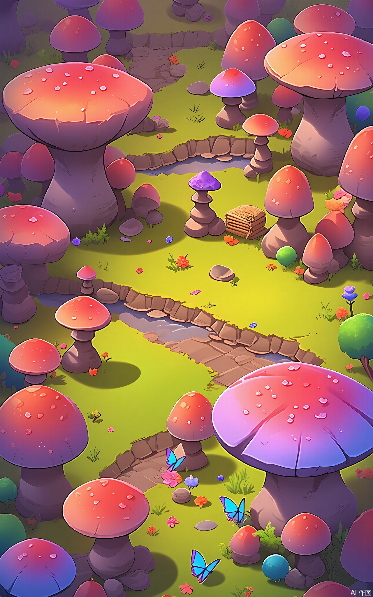 SBYX, An aerial view of a whimsical, cartoon-style, fantasy mushroom forest. Giant mushrooms of all shapes and sizes tower over the forest floor, and fairies flit among them. A small stream winds through the forest, and butterflies with colorful wings dance in the air. The scene is bathed in a soft, pink light.
