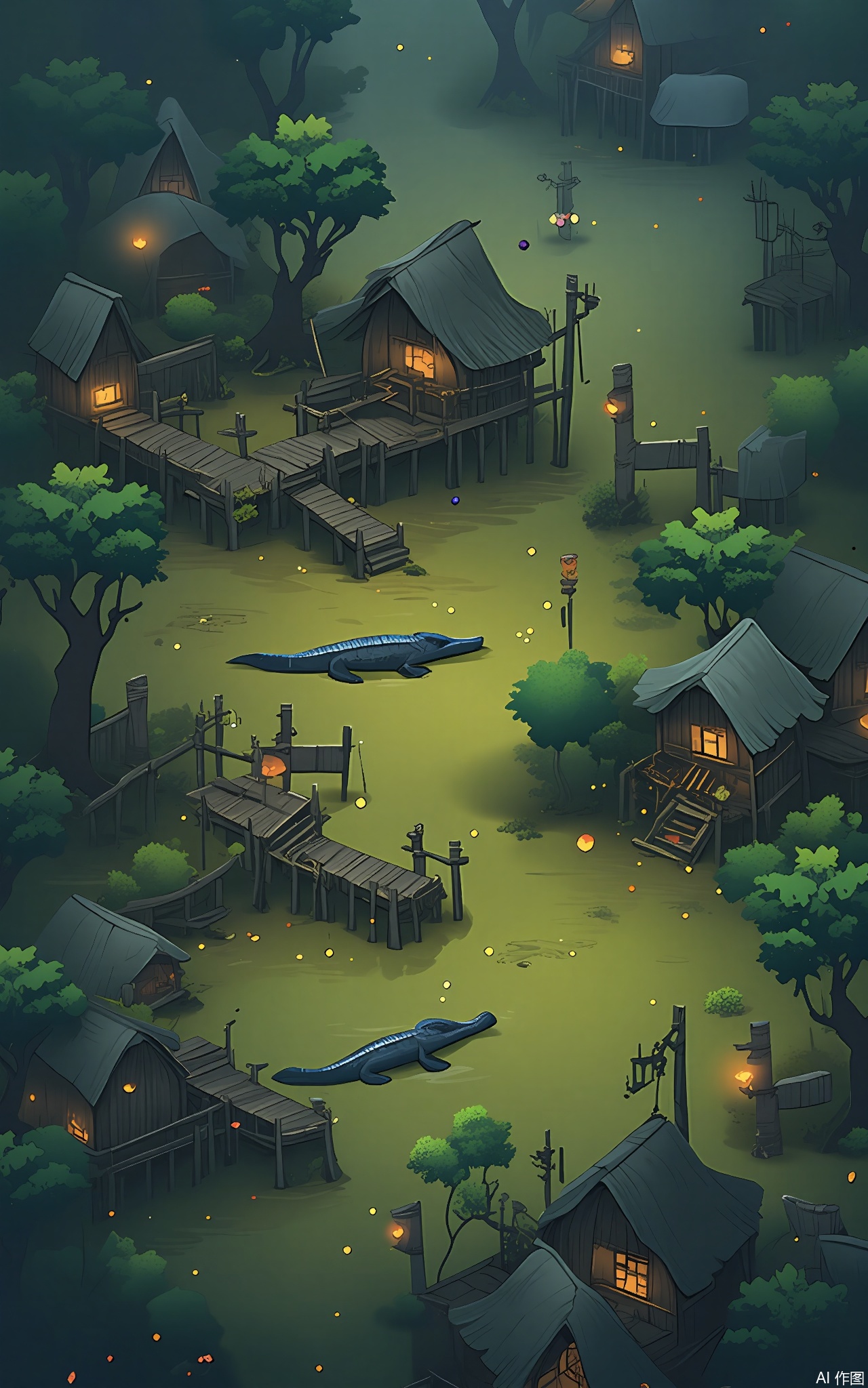 SBYX, A vertical shot of a magical, cartoonish, fantasy swamp village. Stilt houses are built over the murky water, and willow trees with long, drooping branches surround the village. Alligators lurk in the swamp, and fireflies light up the night. The air is thick with mist, and the atmosphere is eerie yet enchanting.
