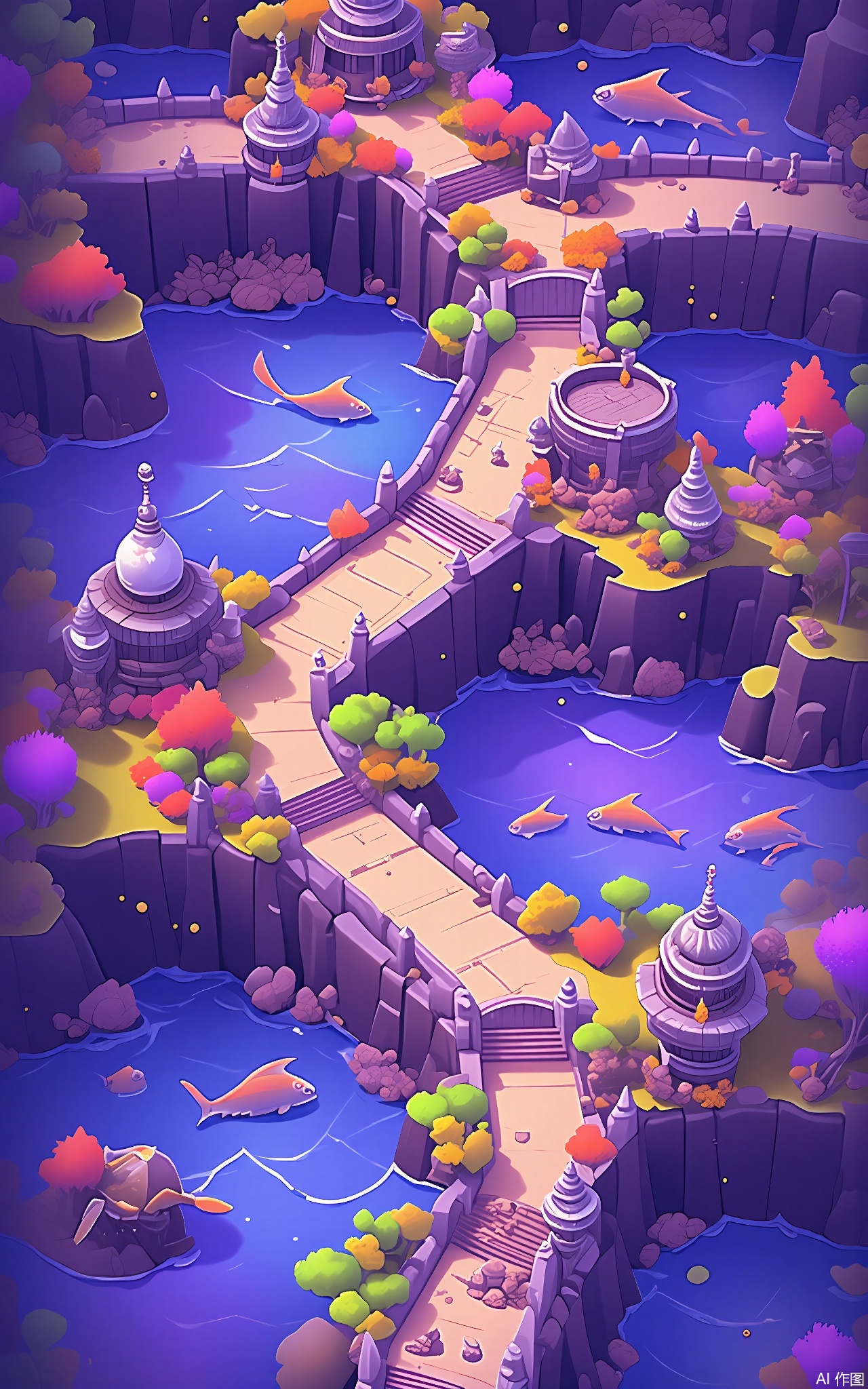 SBYX, A vertical perspective of a charming, cartoonish, fantasy underwater city. Buildings made of coral and pearls rise from the ocean floor, and mermaids and mermen swim through the streets. Schools of fish form patterns in the water, and sea turtles glide by. The water is a deep purple, and the city is lit by bioluminescent plants.
