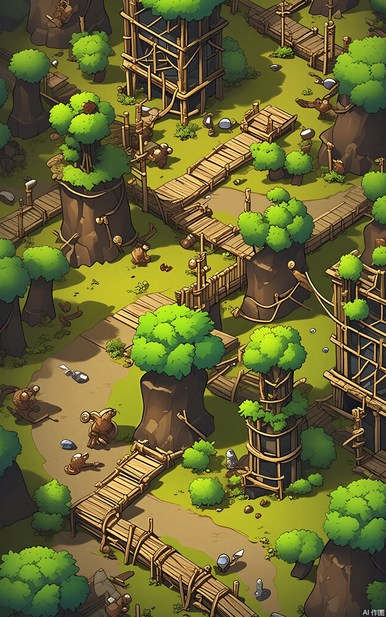 SBYX, An aerial view of a whimsical, cartoon-style, jungle city. Skyscrapers made of bamboo and vines reach towards the sky, and bridges made of ropes and wooden planks connect the buildings. Monkeys swing from tree to tree, and exotic birds soar through the air. The foliage is a lush green, and the air is thick with the sounds of nature.
