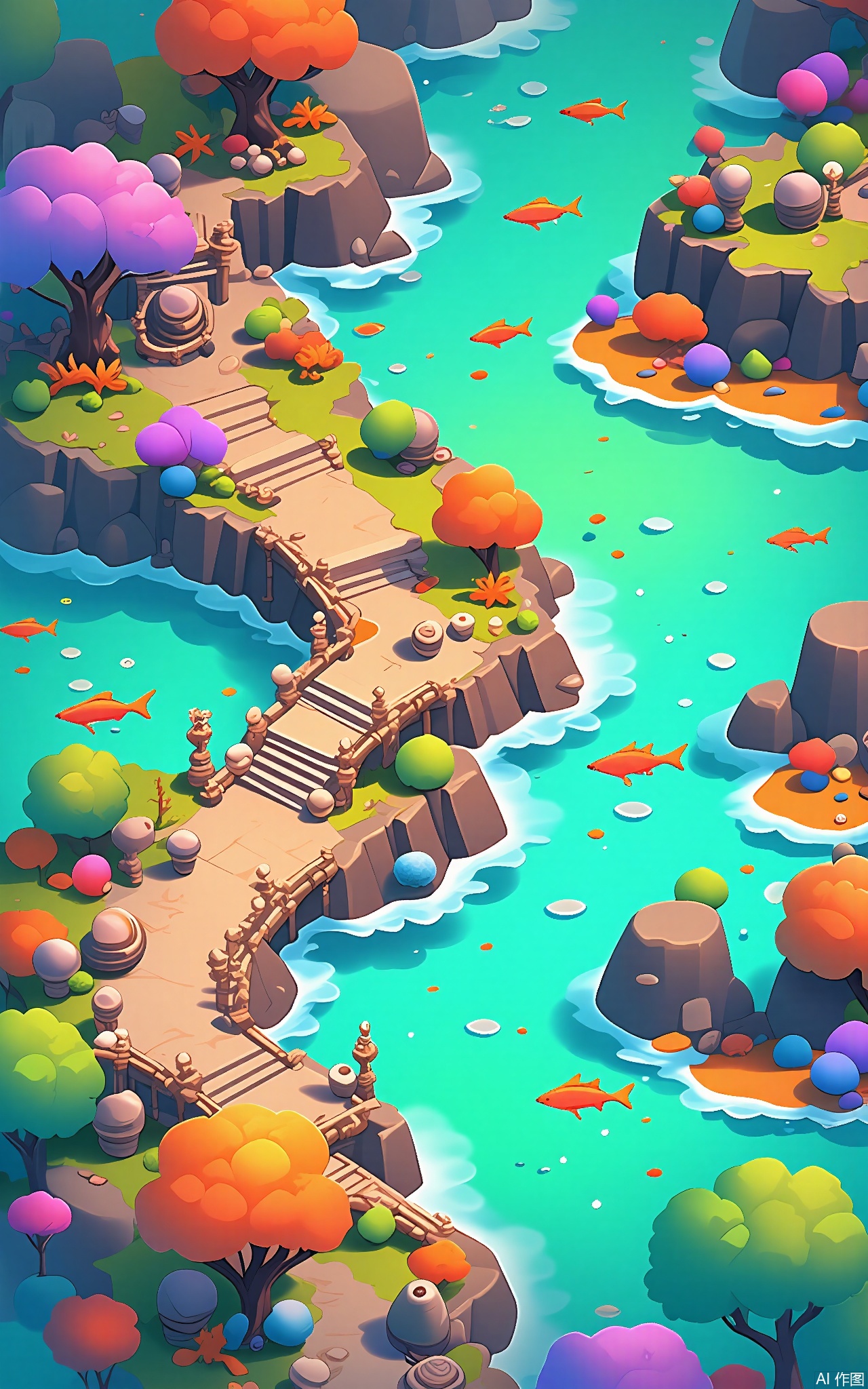 SBYX, An aerial view of a whimsical, cartoon-style, underwater village. Coral reefs in vibrant hues of pink, purple, and orange serve as the foundation for the houses, which are made of seashells and pearls. Schools of colorful fish swim around, and a gentle current carries seaweed that sways like ribbons. The water is a crystal-clear turquoise, and sunlight dances on the seabed.
