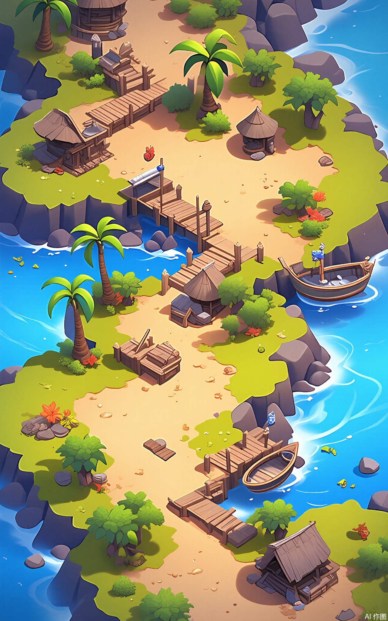 SBYX, A vertical perspective of a charming, cartoonish, fantasy island village. Sandy beaches with palm trees line the coast, and thatched-roof huts are scattered among the coconut groves. A wooden pier extends into the sea, where fishing boats are docked. The ocean is a deep blue, and the sky is filled with fluffy white clouds.
