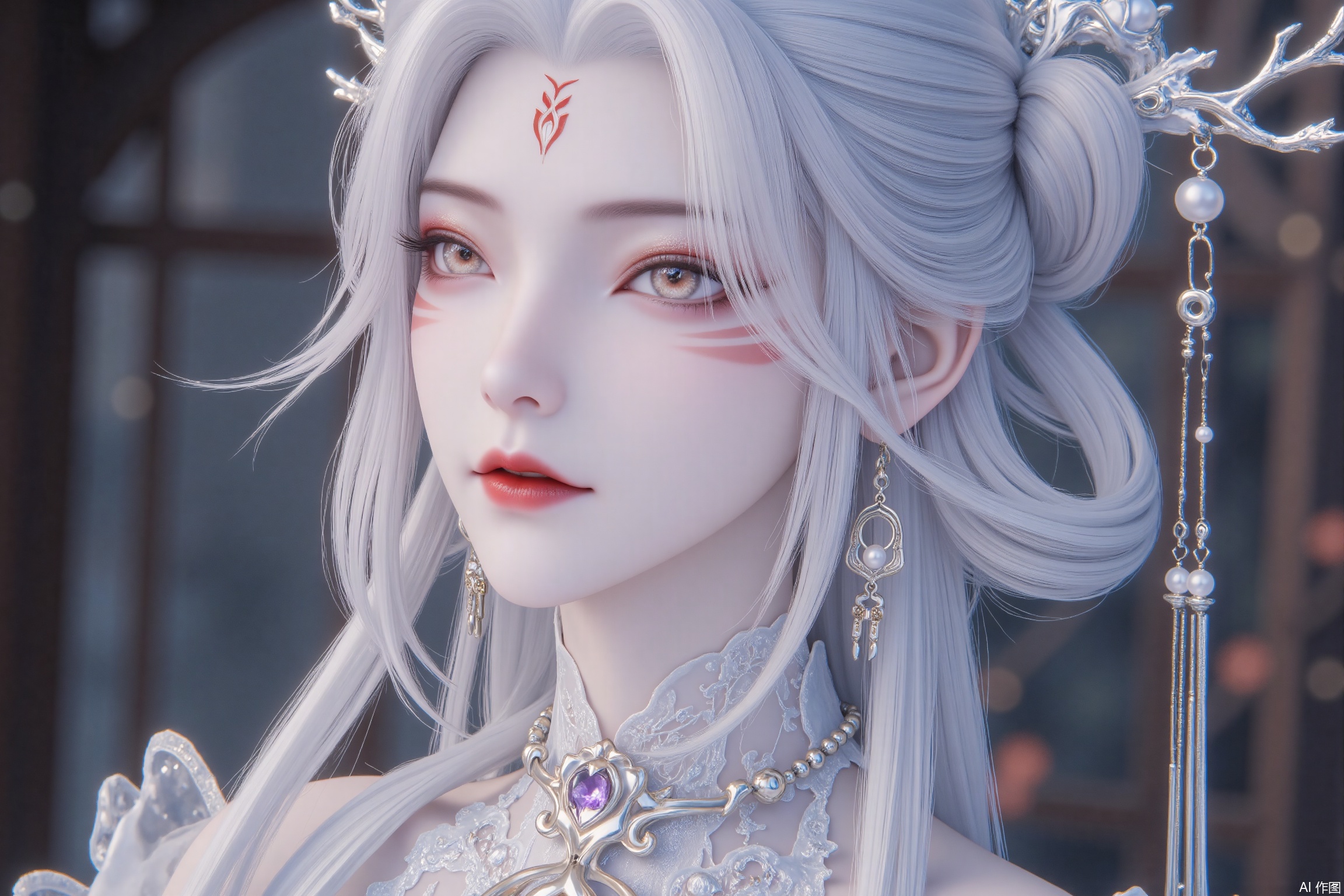 「Xianxia-themed woman with metallic silver-white hair (translucent gradient with lavender sheen), wearing maximalist white metal branch headpiece (embedded sapphires + pearl chains), red flame bindi between eyebrows, red-brown cut-crease eyeshadow with gold stardust under lower lash line. Multi-layered filigree gold necklace, asymmetric earrings (left pearl right sapphire).」