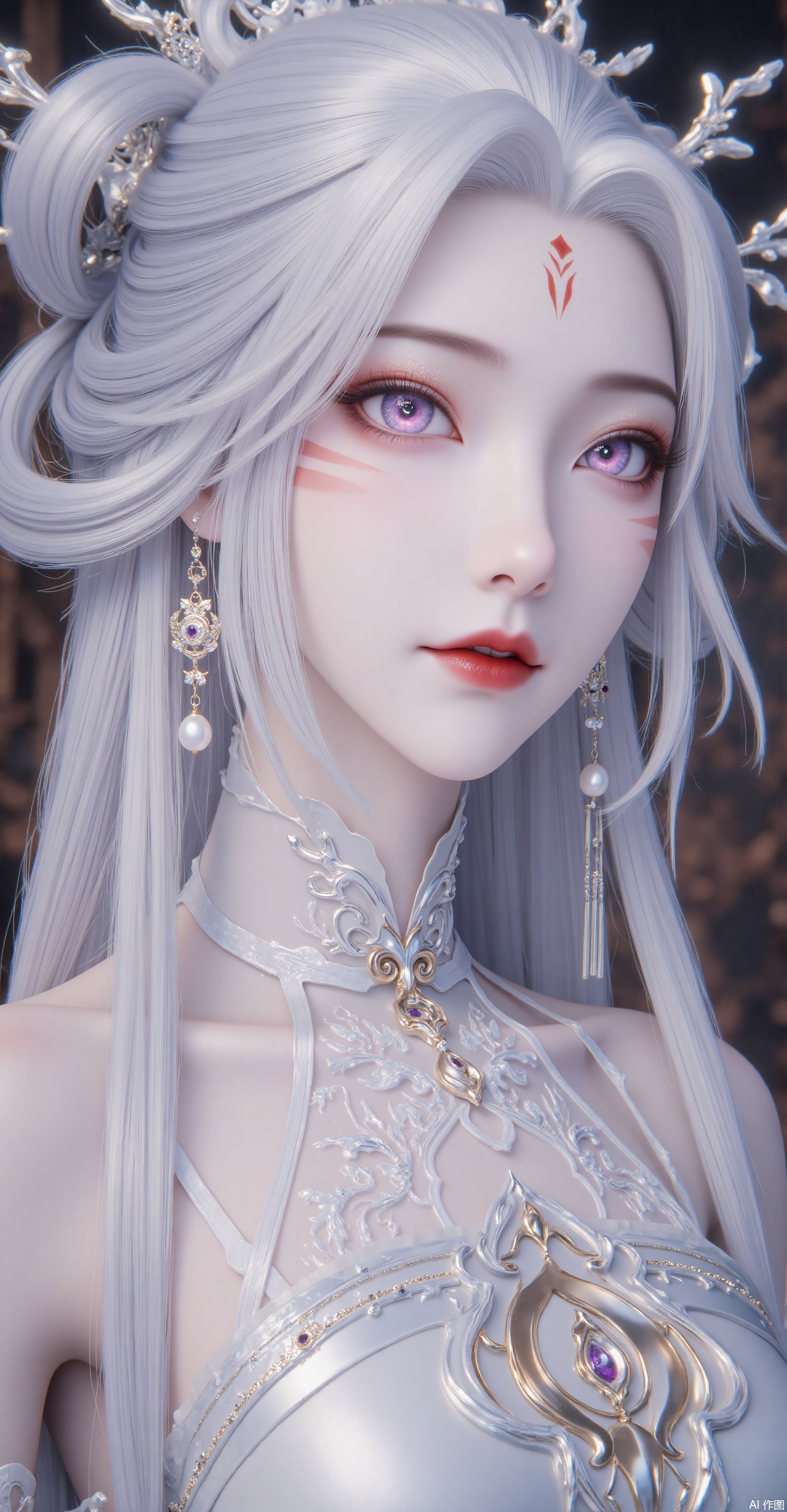 「Xianxia-themed woman with metallic silver-white hair (translucent gradient with lavender sheen), wearing maximalist white metal branch headpiece (embedded sapphires + pearl chains), red flame bindi between eyebrows, red-brown cut-crease eyeshadow with gold stardust under lower lash line. Multi-layered filigree gold necklace, asymmetric earrings (left pearl right sapphire).」