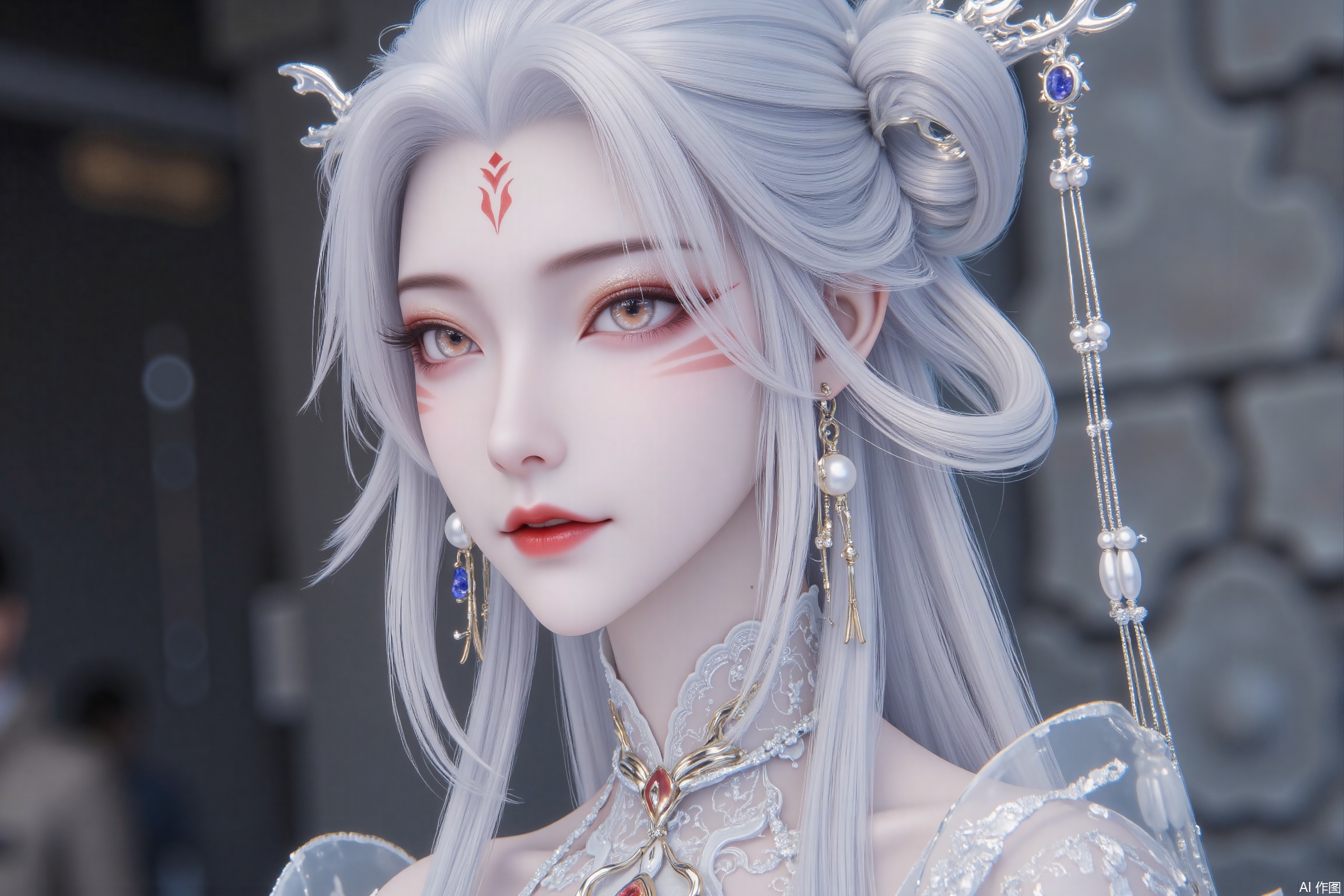 「Xianxia-themed woman with metallic silver-white hair (translucent gradient with lavender sheen), wearing maximalist white metal branch headpiece (embedded sapphires + pearl chains), red flame bindi between eyebrows, red-brown cut-crease eyeshadow with gold stardust under lower lash line. Multi-layered filigree gold necklace, asymmetric earrings (left pearl right sapphire).」