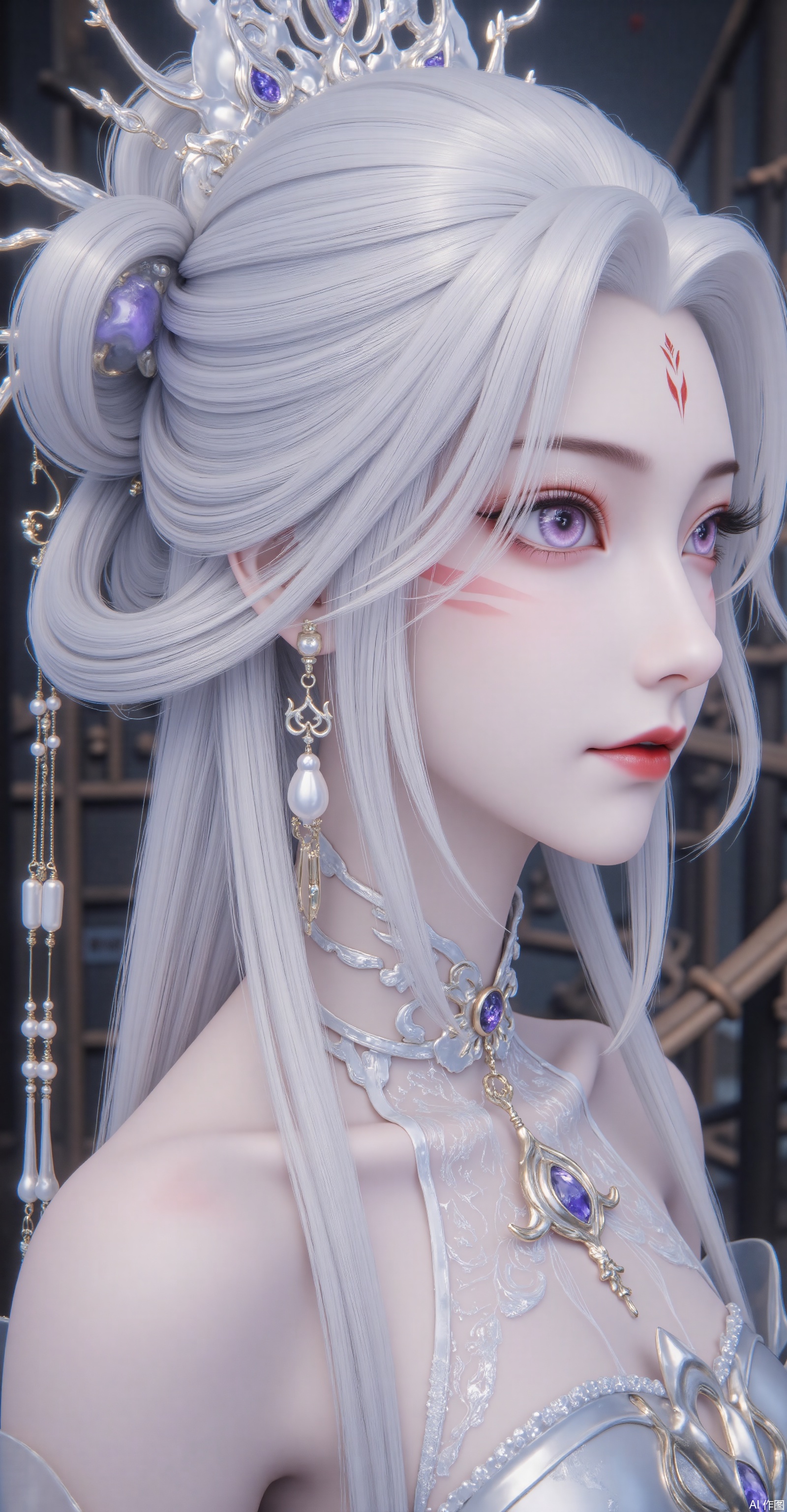 「Xianxia-themed woman with metallic silver-white hair (translucent gradient with lavender sheen), wearing maximalist white metal branch headpiece (embedded sapphires + pearl chains), red flame bindi between eyebrows, red-brown cut-crease eyeshadow with gold stardust under lower lash line. Multi-layered filigree gold necklace, asymmetric earrings (left pearl right sapphire).」