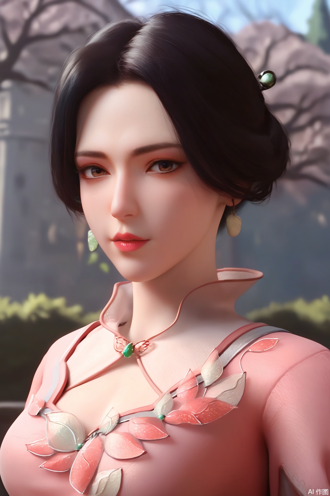 score_9_up,score_8_up,score_7_up,(Masterpiece, Best Quality, High Resolution, 8K Raw),absurdres, highres, Expressiveh, 
1girl, solo, breasts, looking at viewer, short hair, brown hair, black hair, long sleeves, dress, brown eyes, jewelry, upper body, earrings, outdoors, necklace, tree, pink dress