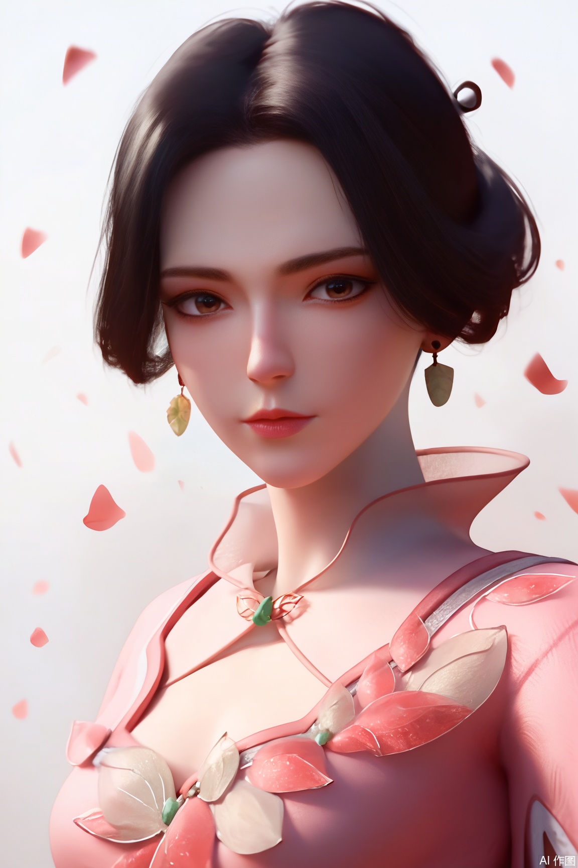 score_9_up,score_8_up,score_7_up,(Masterpiece, Best Quality, High Resolution, 8K Raw),absurdres, highres, Expressiveh, 
1girl, solo, breasts, looking at viewer, short hair, brown hair, black hair, dress, brown eyes, jewelry, earrings, pink dress