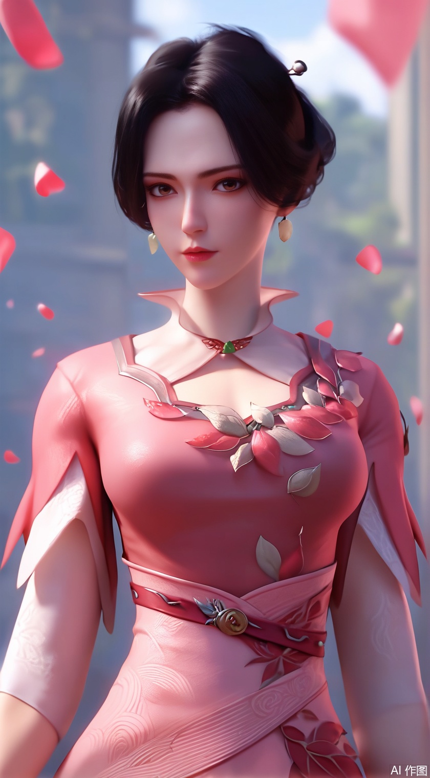 score_9_up,score_8_up,score_7_up,(Masterpiece, Best Quality, High Resolution, 8K Raw),absurdres, highres, Expressiveh, 
1girl, solo, breasts, looking at viewer, short hair, brown hair, black hair, dress, brown eyes, jewelry, earrings, pink dress