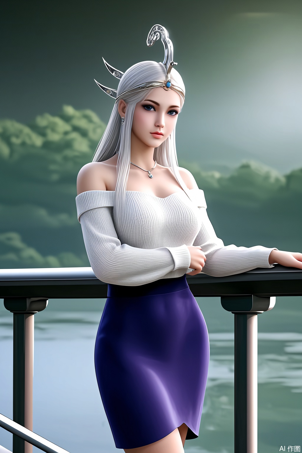 score_9_up , XueNv,1girl, solo, long hair, looking at viewer, blue eyes, jewelry,  white hair, earrings, white sweater,off_shoulders,black pencil skirt, makeup, tiara,outdoor,sunlight,lake,standing on the bridge